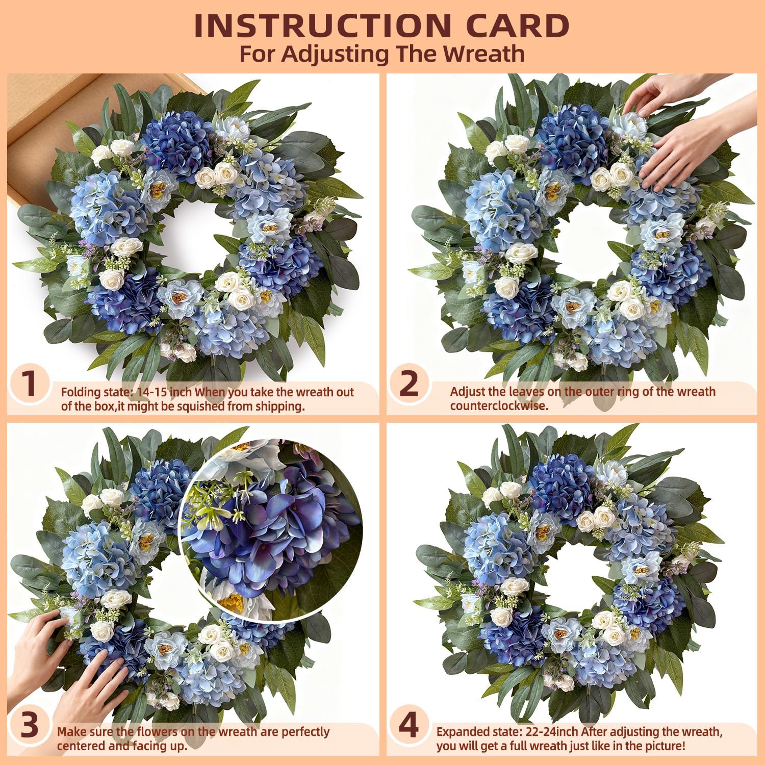 WANNA-CUL 24 Inch Spring Blue Hydrangea Wreaths for Front Door,Spring Door Wreath with Blue White Rose and Peony Flower for Wedding or Indoor&Outdoor Wreath Decoration