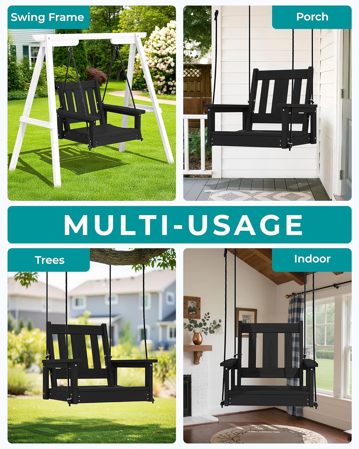 SERWALL HDPE Single Porch Swing, Heavy Duty Single Person Swing Chair with 2 Polypropylene Hanging Ropes, Adirondack Hanging Chair for Outdoor Front Porch Patio Garden Yard, Black