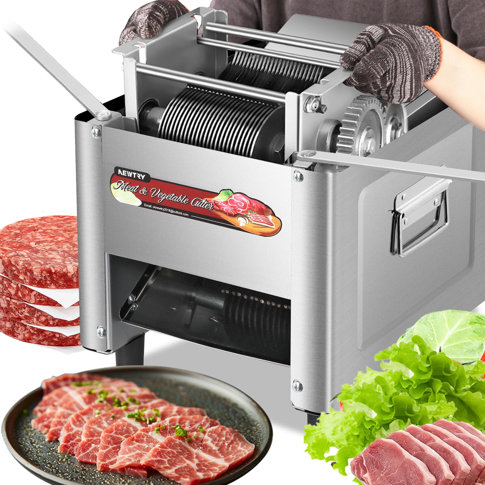 NEWTRY Trancheuse viande électrique commerciale 5mm 750W Gastro | Acier inoxydable, lames interchangeables, moteur puissant, facile à nettoyer, trancheuse pour boucheries et restaurants