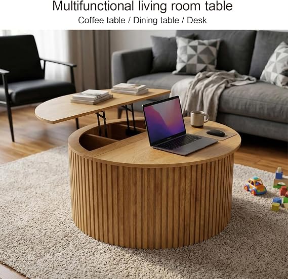 Round Coffee Table 88cm Wooden Small Lift Top Design with Hidden Storage | Space Saving Modern Furniture for Living Room Lounge Home Apartment Small Space (Round Natural)