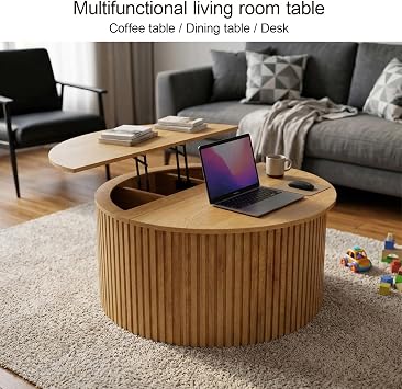 Round Coffee Table 88cm Wooden Small Lift Top Design with Hidden Storage | Space Saving Modern Furniture for Living Room Lounge Home Apartment Small Space (Round Natural)