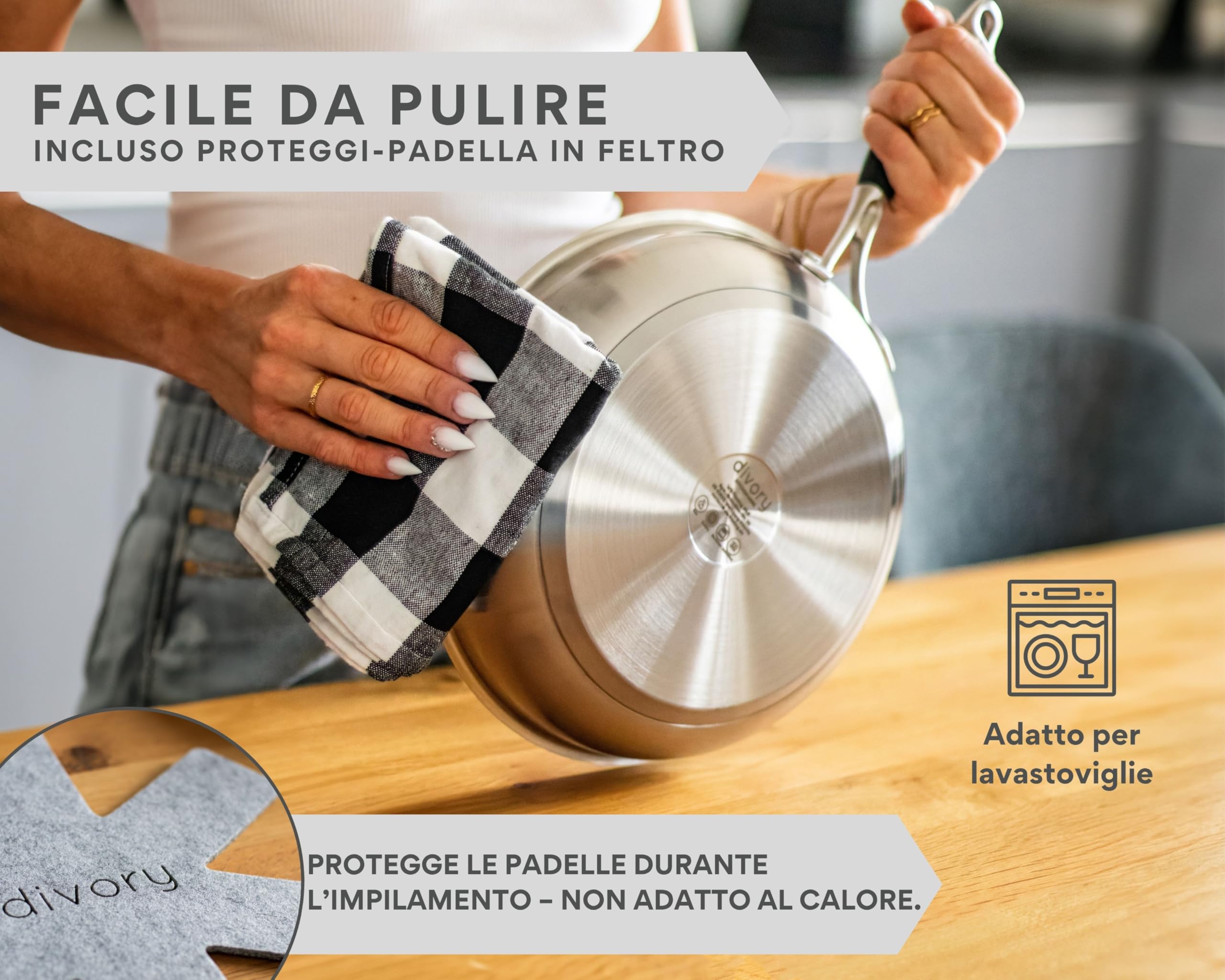 DIVORY Set di padelle in acciaio inox da 20, 24 e 28 cm – Padelle senza rivestimento, prive di PTFE e PFOA, in acciaio inossidabile (PURA)
