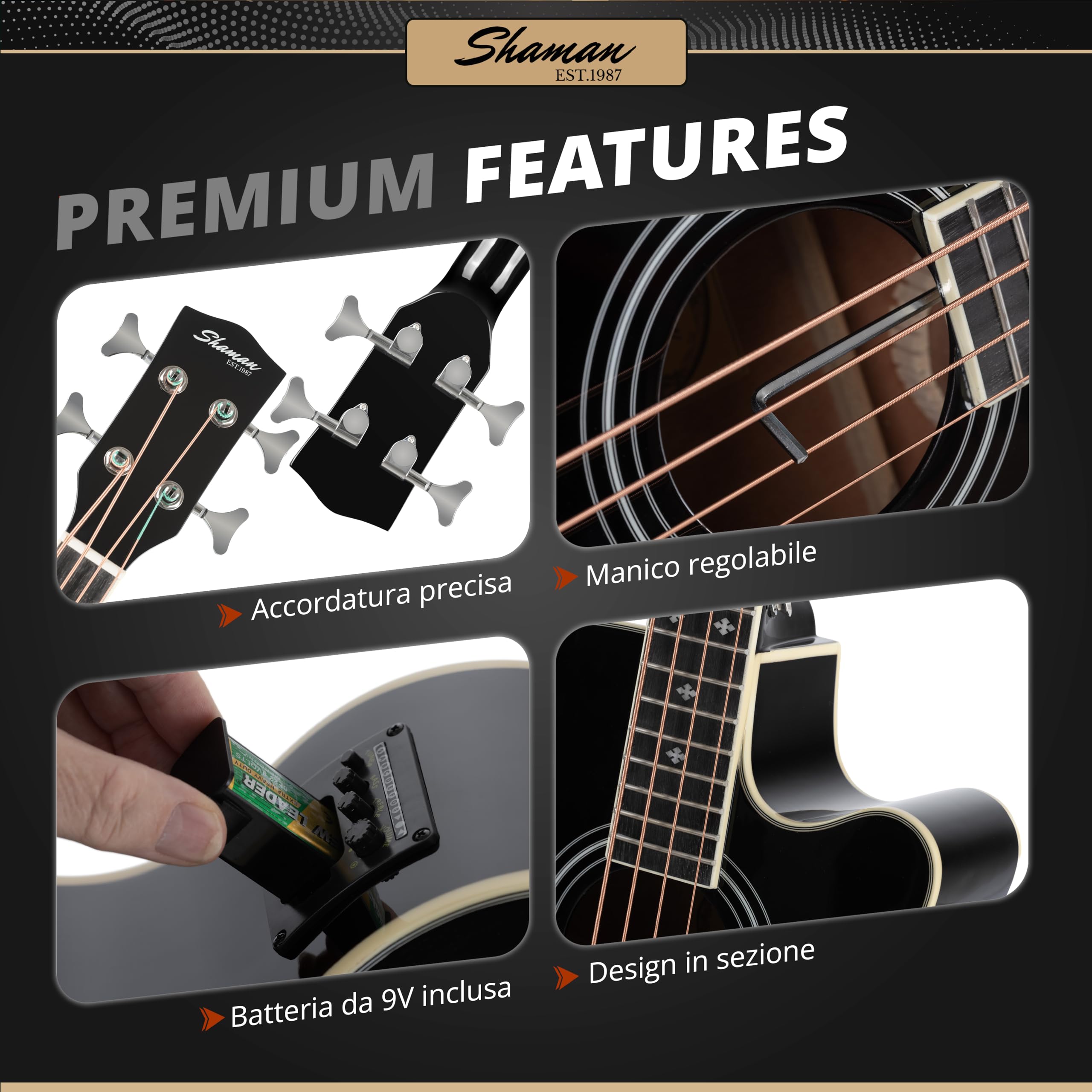Shaman AB4-50CE-BK Basso Acustico Nero, Allgemein, Modell: AB4-50CE-BK | Gewicht: 2, 8 kg, Anzahl Saiten: 4, Orientierung: Destrimano, Korpus, Korpusform: Jumbo mit Cutaway, Tavola: Abete, Hals