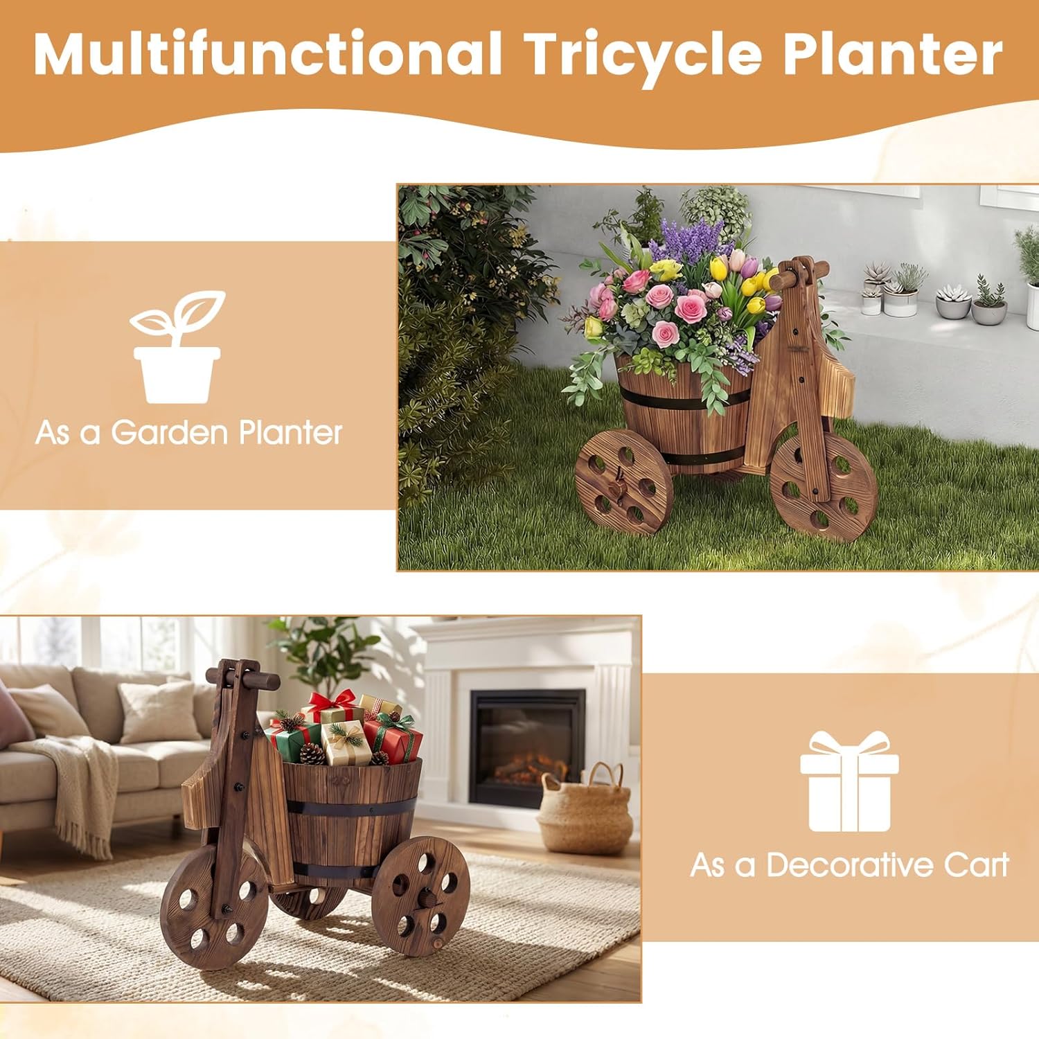 Giantex Wooden Wagon Planter with Wheels, Rustic Wood Plant Stand with 3 Wheels & Drainage Hole for Flowers Herbs Vegetables, Indoor Outdoor Decorative Garden Flower Cart for Patio Backyard (1)
