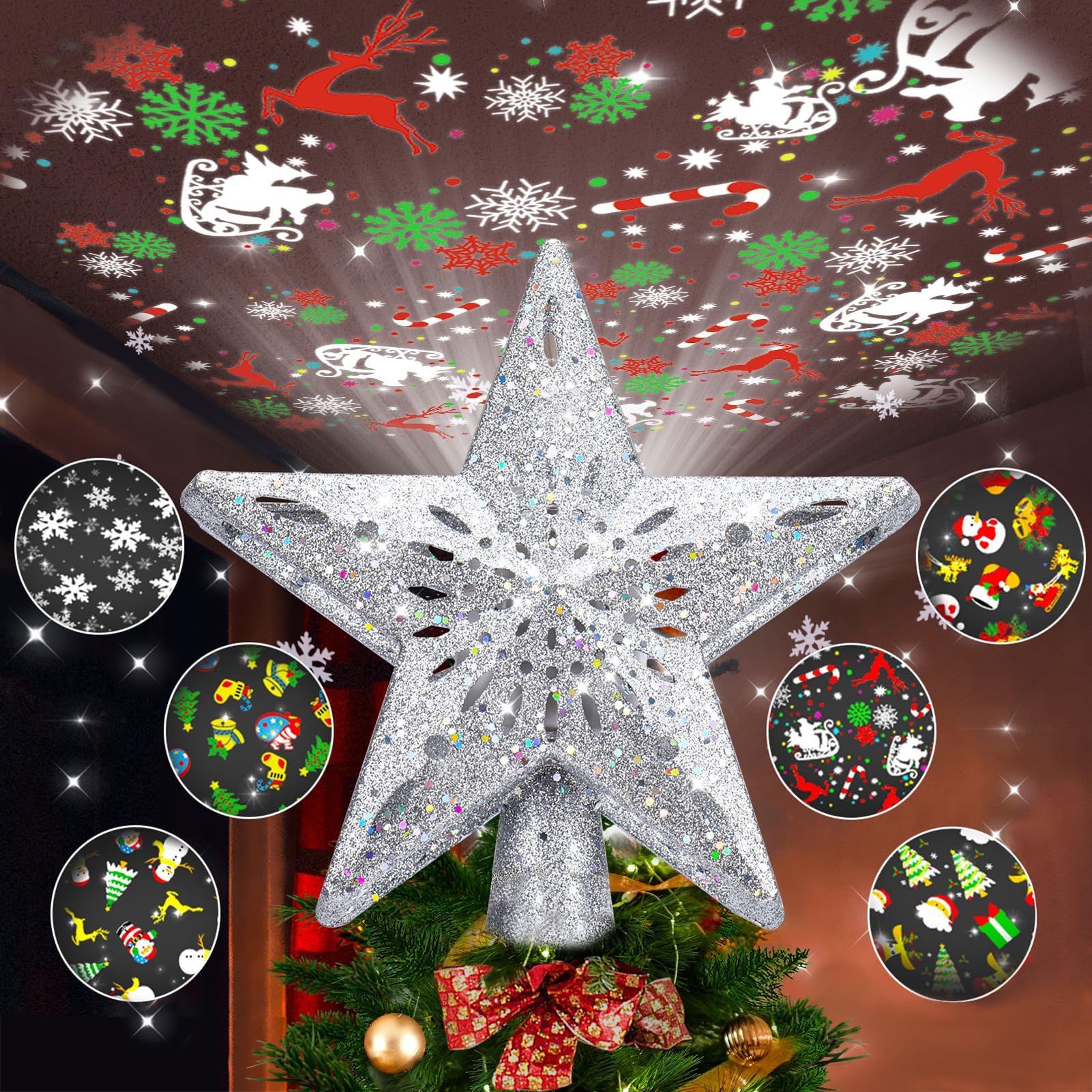 Christmas Tree Topper Lighted with 6 Pattern Projection Modes, Christmas Star Tree Topper Built-in LED Rotating Lights, Silver 3D Glitter Dynamic Projector for Christmas Decorations