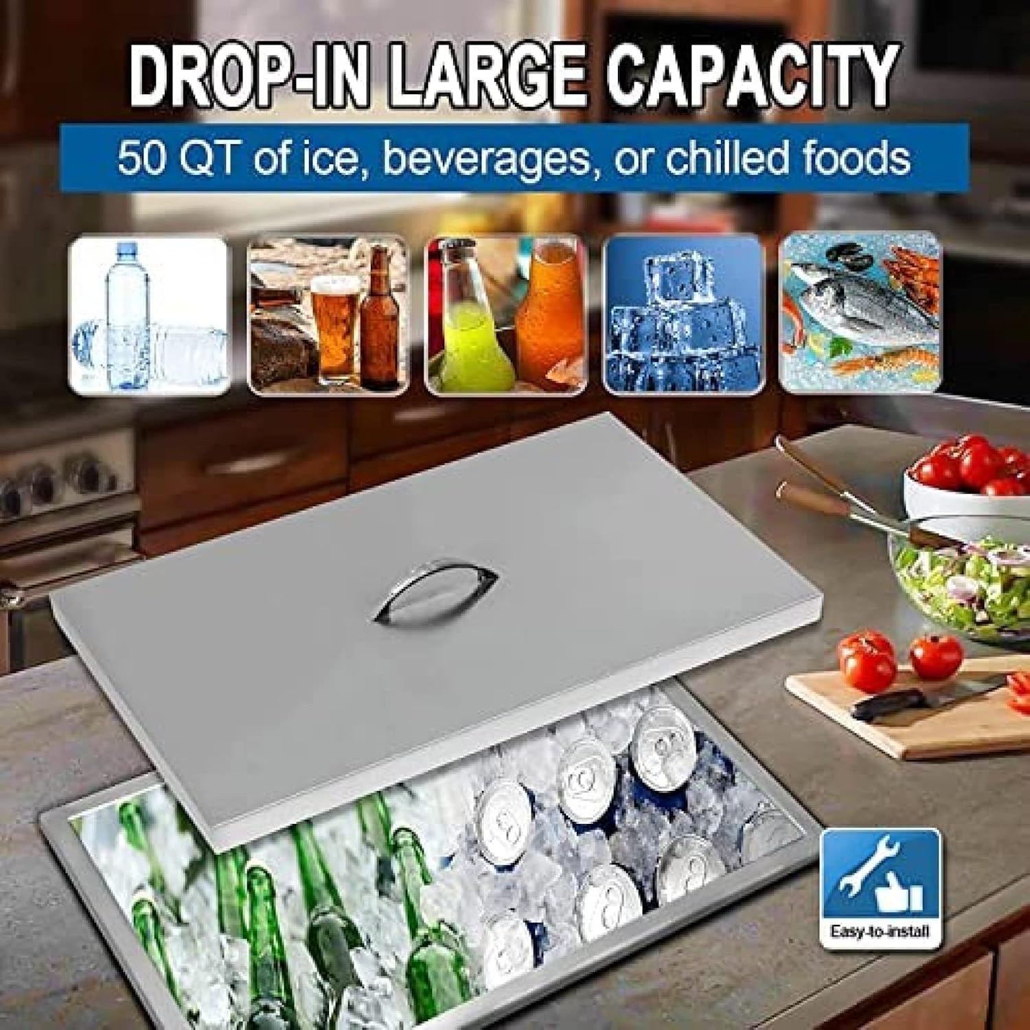 Drop in Ice Chest with Cover 304 Stainless Steel Drop in Cooler Included Drain-Pipe and Drain Plug Drop in Ice Bin for Cold Wine Beer