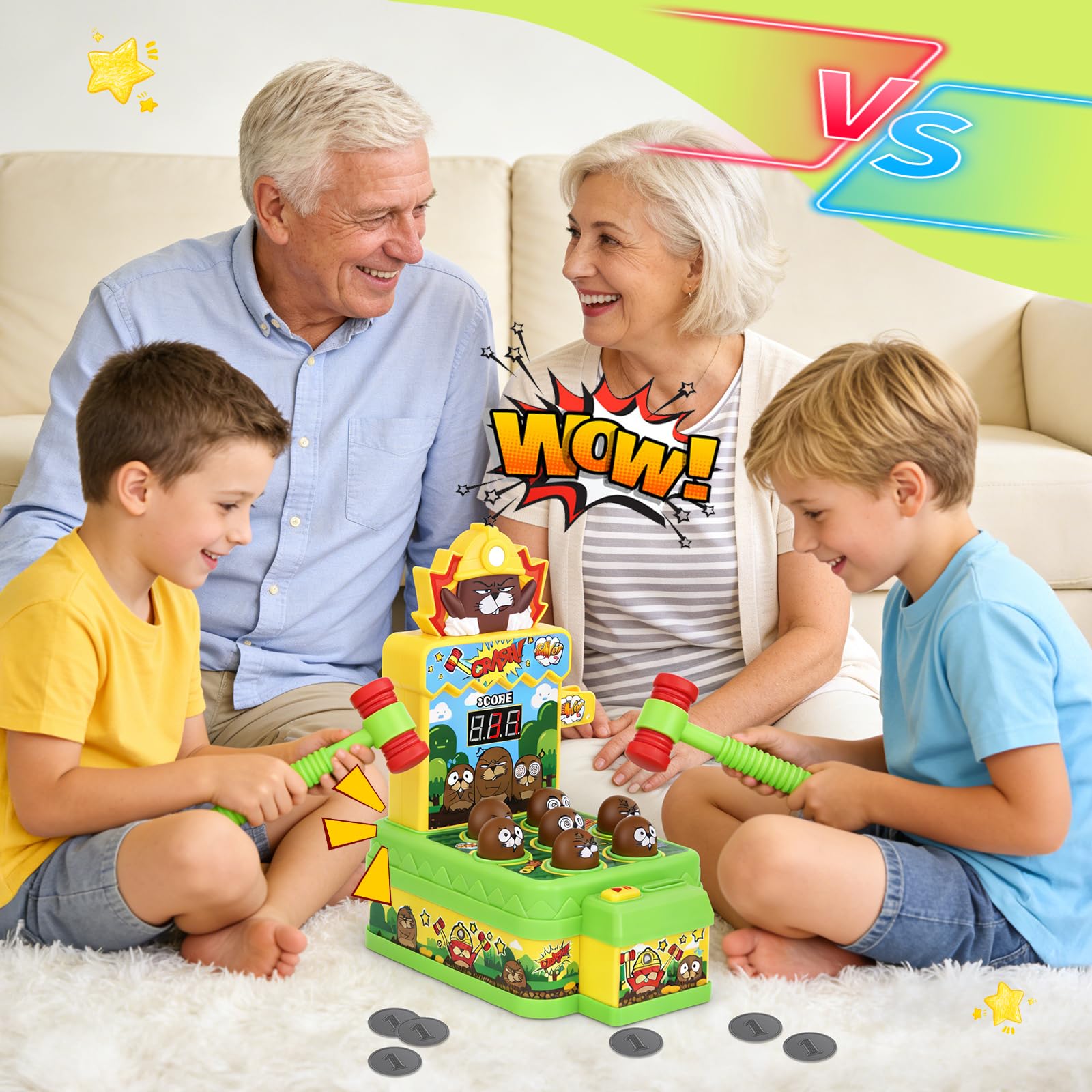 Jeu de Tape-Taupe pour Enfants dès 3 Ans, Jouet Musical Interactif avec 2 Maillets pour Développer la Motricité, Jouet Éducatif avec Effets Lumineux & Sonores, Jeu d'Arcade avec Écran LCD