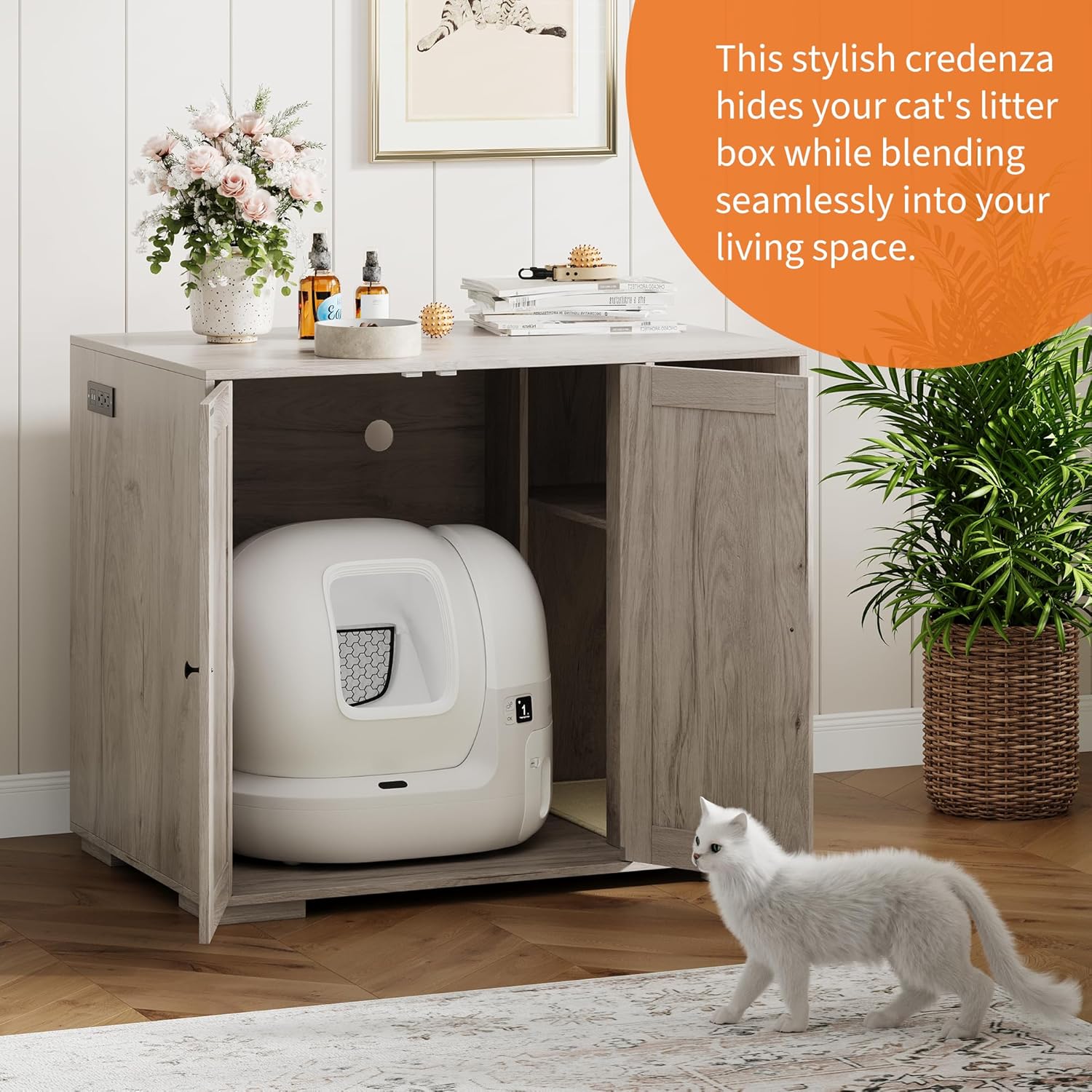 Large Cat Litter Enclosure with Litter Collector, Enclosure for Self-Cleaning Litter Boxes,Adjustable Shelf for Dog Proof,Charging Station, Large Hidden Litter Box for Cat, Cat House