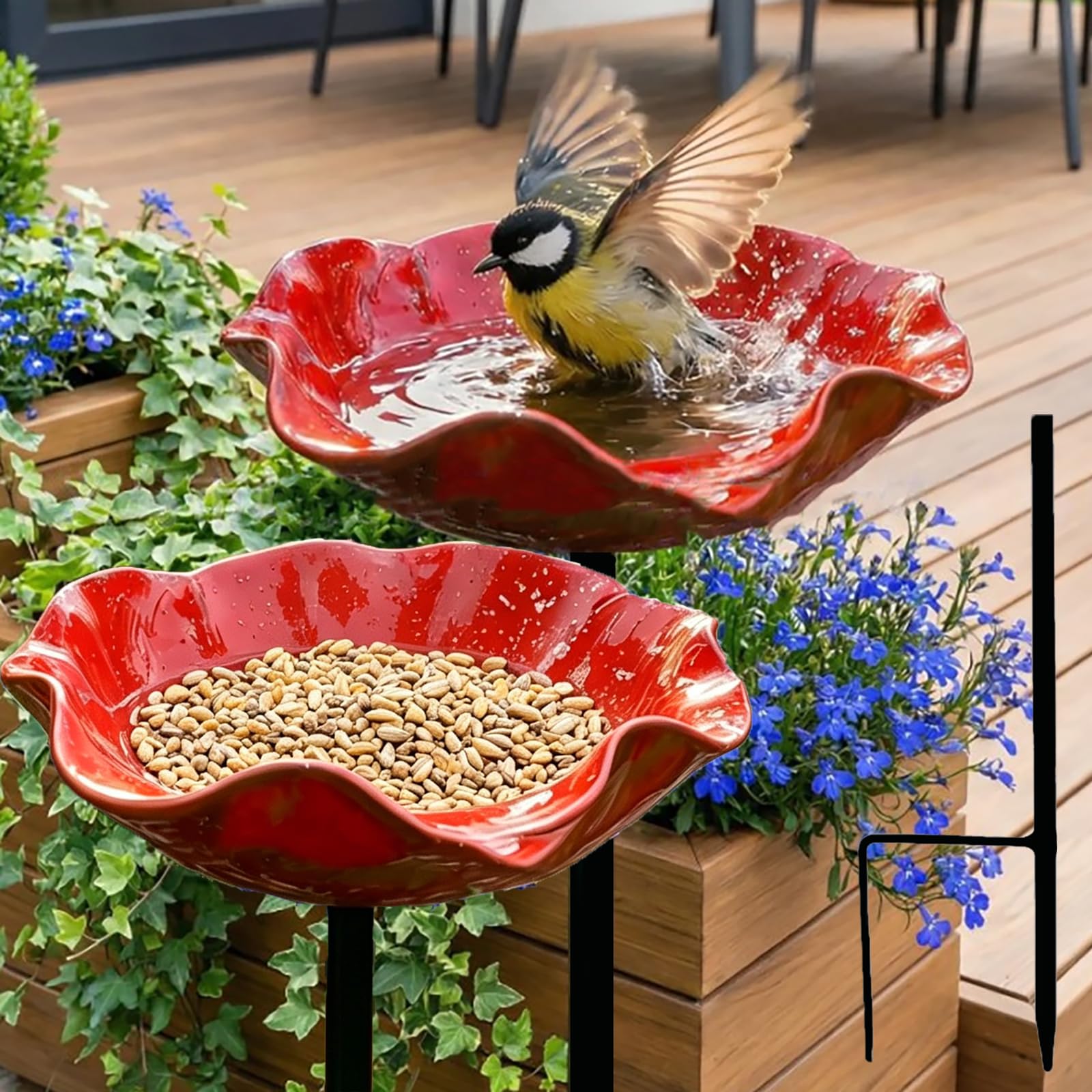 Vogeltränke Blume, Bienentränke Keramik mit Bodensteckdose - Bienentränke Gartenstecker & Insektentränke, Wasserschale und Vogelfutterstelle, Dekorative Keramikblüten Blumenstecker (A2)