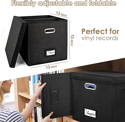 Miniatura 3 de Caja de almacenamiento de discos de vinilo para más de 50 LPs (12 pulgadas), caja de lino apilable con tapa, soporte plegable para colección de