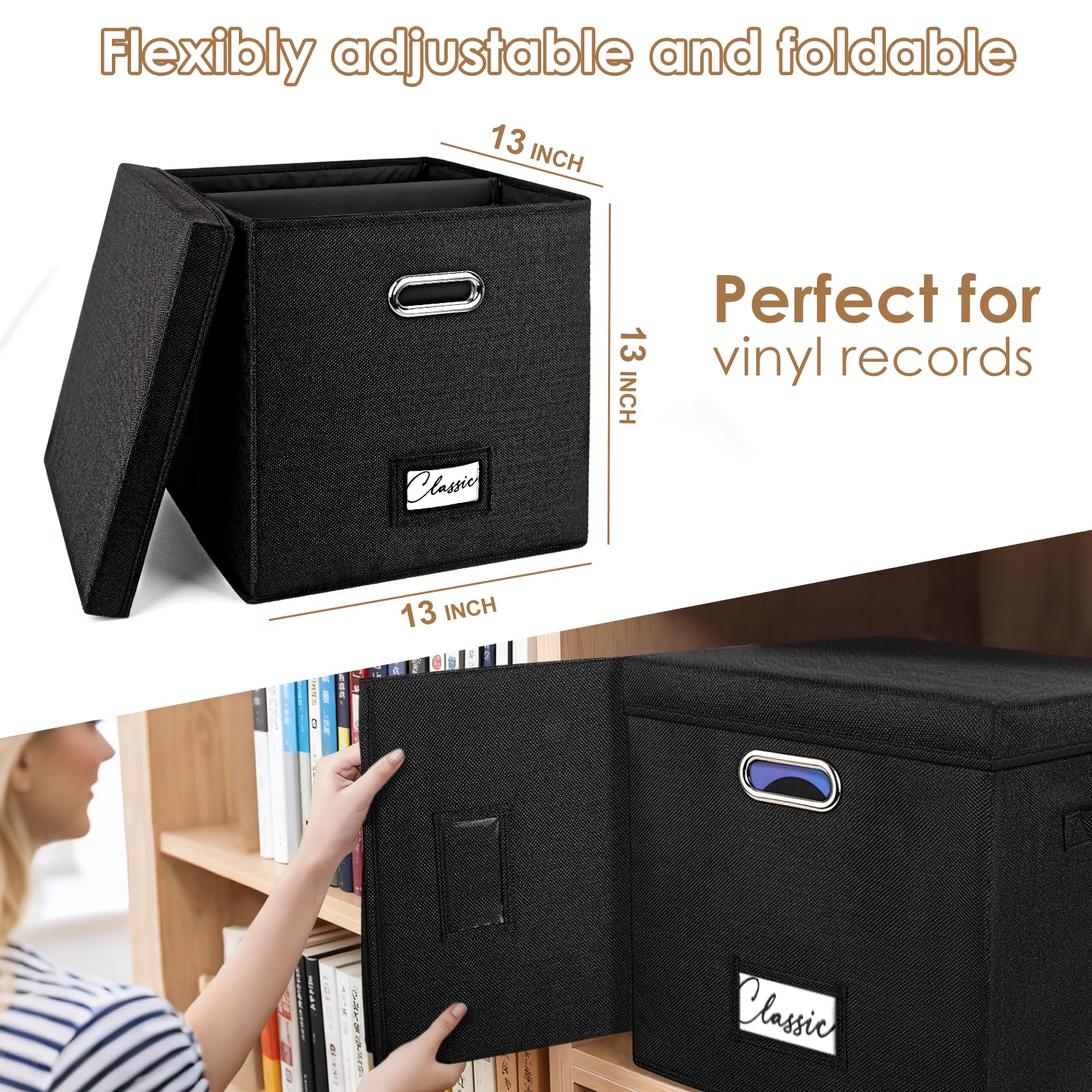 Woodoulogy Scatola nera in lino per LP in vinile, impilabile con coperchio e maniglia – Capacità 50+ dischi, organizer per album e documenti