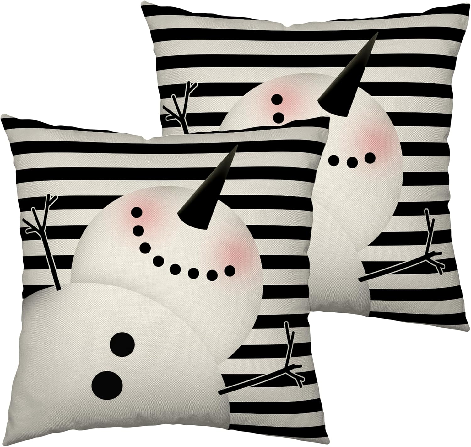Cute Snowman Decoration Pillow Covers 20x20 Winter Black and White Striped Throw Pillowcases Two Sides Print Cotton Linen Cushion Case for Home Decor Couch Sofa 2 Pack image 2