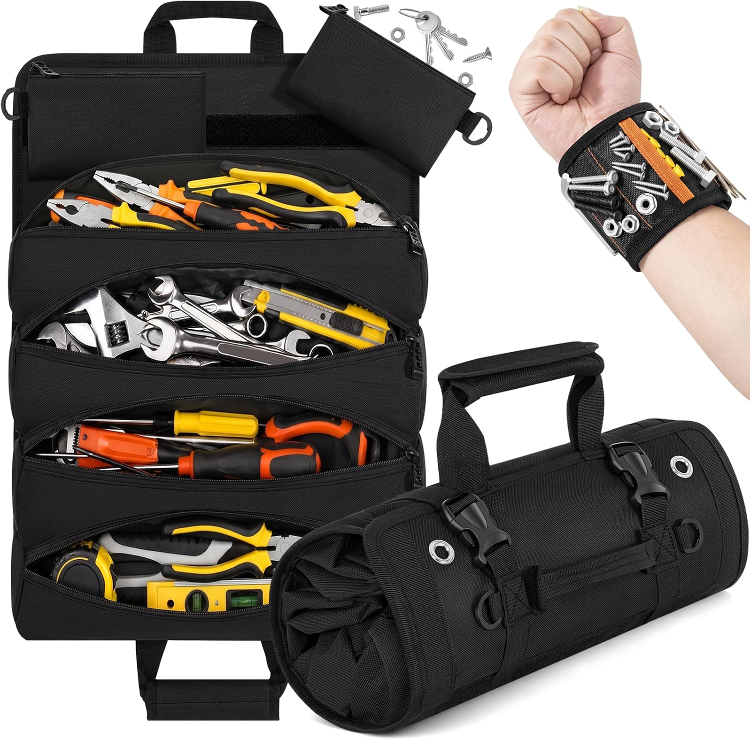 ANILD Tool Bag Roll Up, Roll Up Tool Bag Organizer with Magnetic Wristband