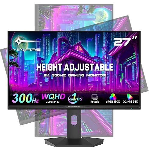 Minifire 27 Inch Gaming Monitor, 300Hz/240Hz, 2K 1440p Gaming Monitor, WQHD, Height Adjustable vertical/horizontal rotation, 1ms, FreeSync, sRGB130%, DP&HDMI Ports, Tilt Adjustable (MFG27F6Q Pro) - 27 Inch - 300Hz / 1440P QHD / Height adjustable rotable - Flat / Fast IPS