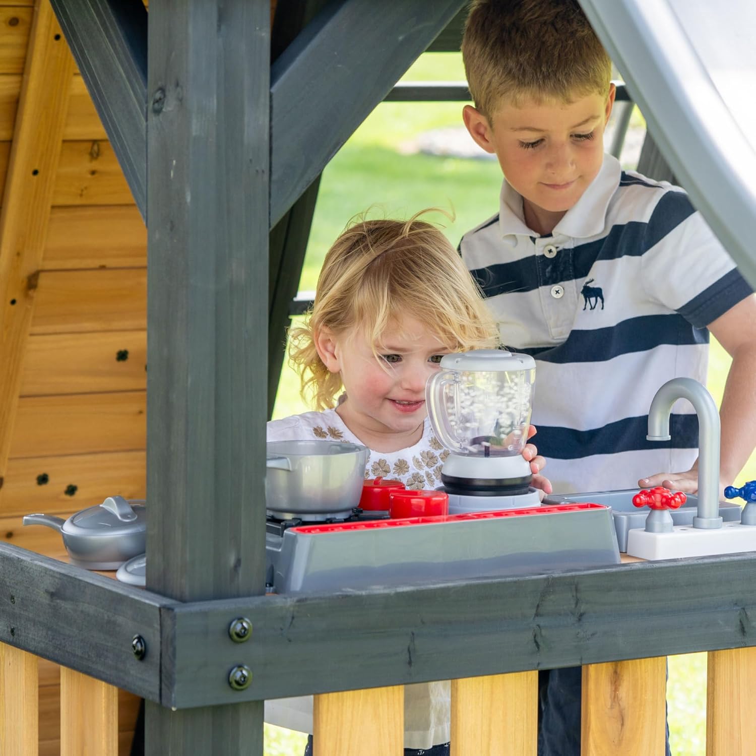 Backyard Discovery Rosewood Falls Cedar Wood Swing Set with Monkey Bars, Clubhouse, Crow's Nest, Play Kitchen, Wave Slide, Rock Wall, Belt Swings, Web Swing, Half Door, Chalkboard, Outdoor Playset