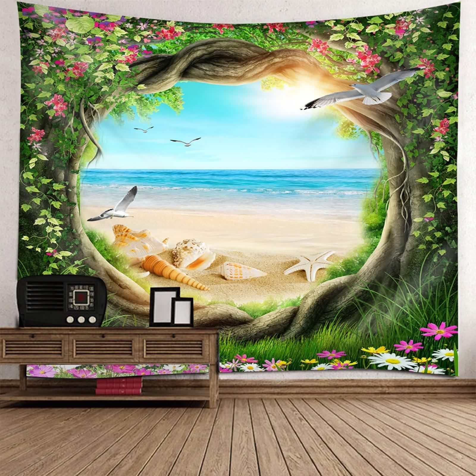 Tolldek Dywan ścienny z motywem natury, 350 x 256 cm, muszla plażowa, kwiaty, drzewo, ozdoba na ścianę, zielona, chusta na ścianę, obrus na stół, dekoracja salonu