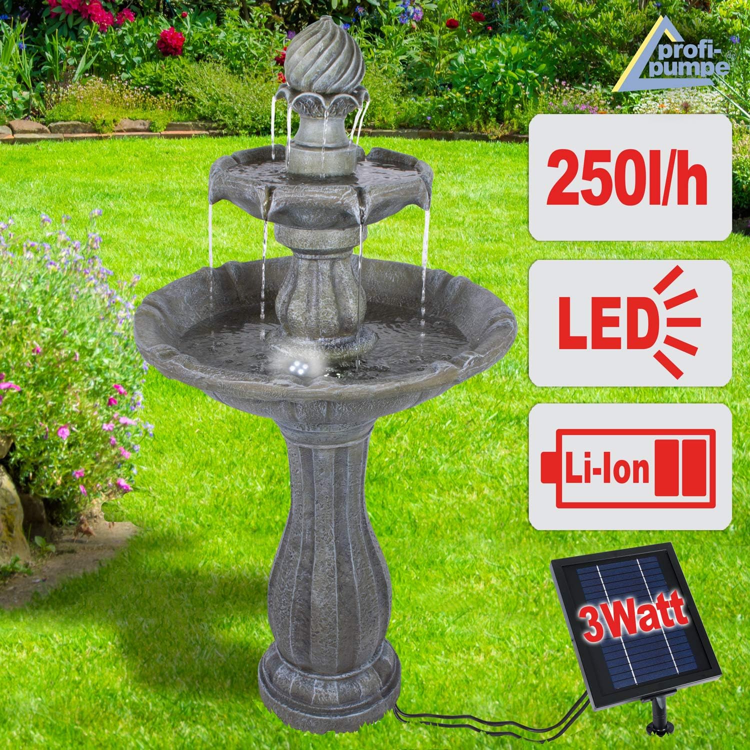 Fuente de jardín Fuente Solar Jardín clásico con batería de Iones de Litio y luz LED Fuente Baño de pájaros Cascada