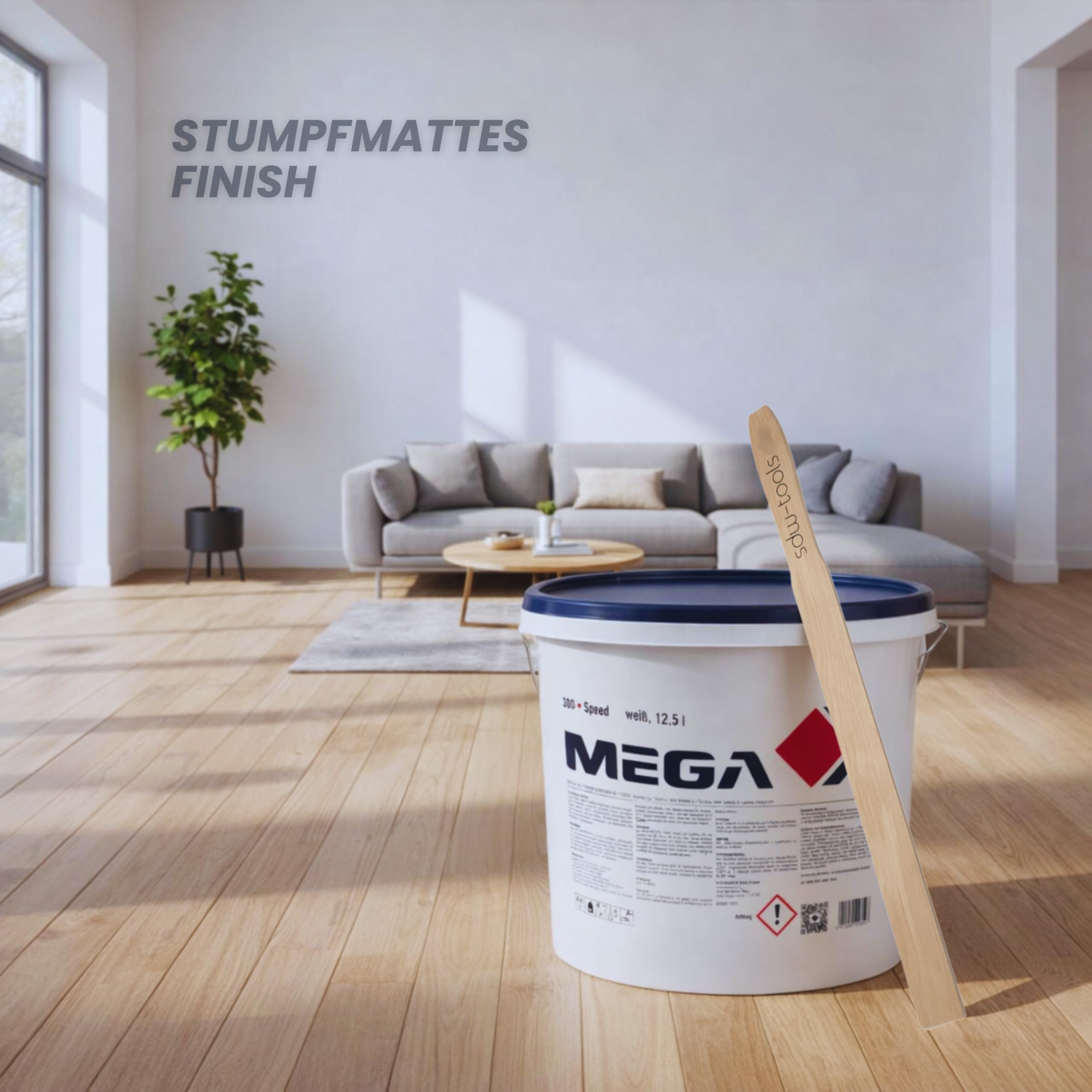 MEGA 300 Speed Wandfarbe Weiß 12,5L inkl. sdw-tools-Rührholz - Innenfarbe | Deckkraftklasse 1 | Scheuerbeständig | Profi-Wandfarbe für streifenfreie Wände & Decken | Weichmacher- & Lösemittelfrei
