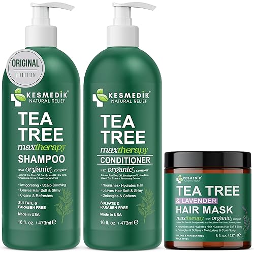 Juego de champú y acondicionador de aceite de árbol de té MaxTherapy (16 onzas líquidas cada uno) + árbol de té + máscara capilar de lavanda (8