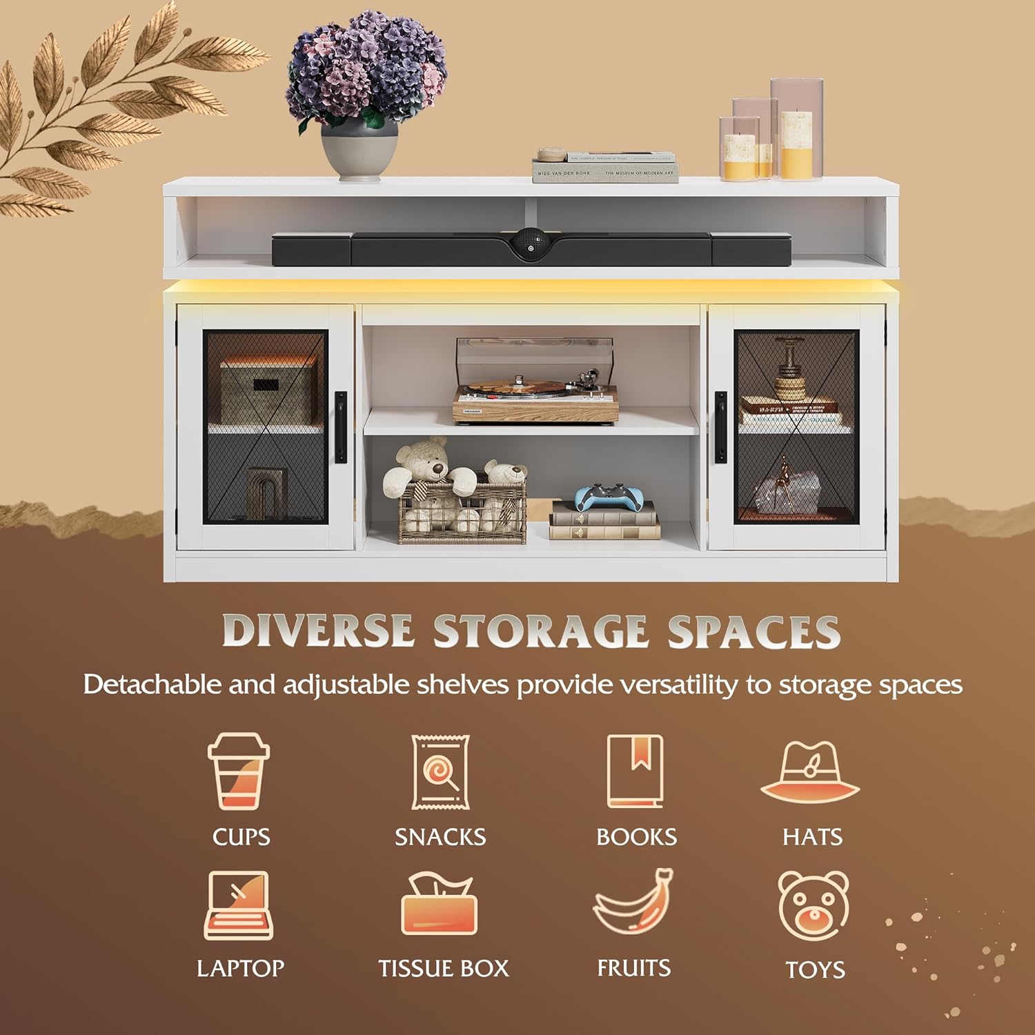 WLIVE Farmhouse TV Stand for TVs Up to 65 Inches, Tall Entertainment Center with Storage Cabinets & LED Lights, Media Console for Living Room, Bedroom, Home Theater, White