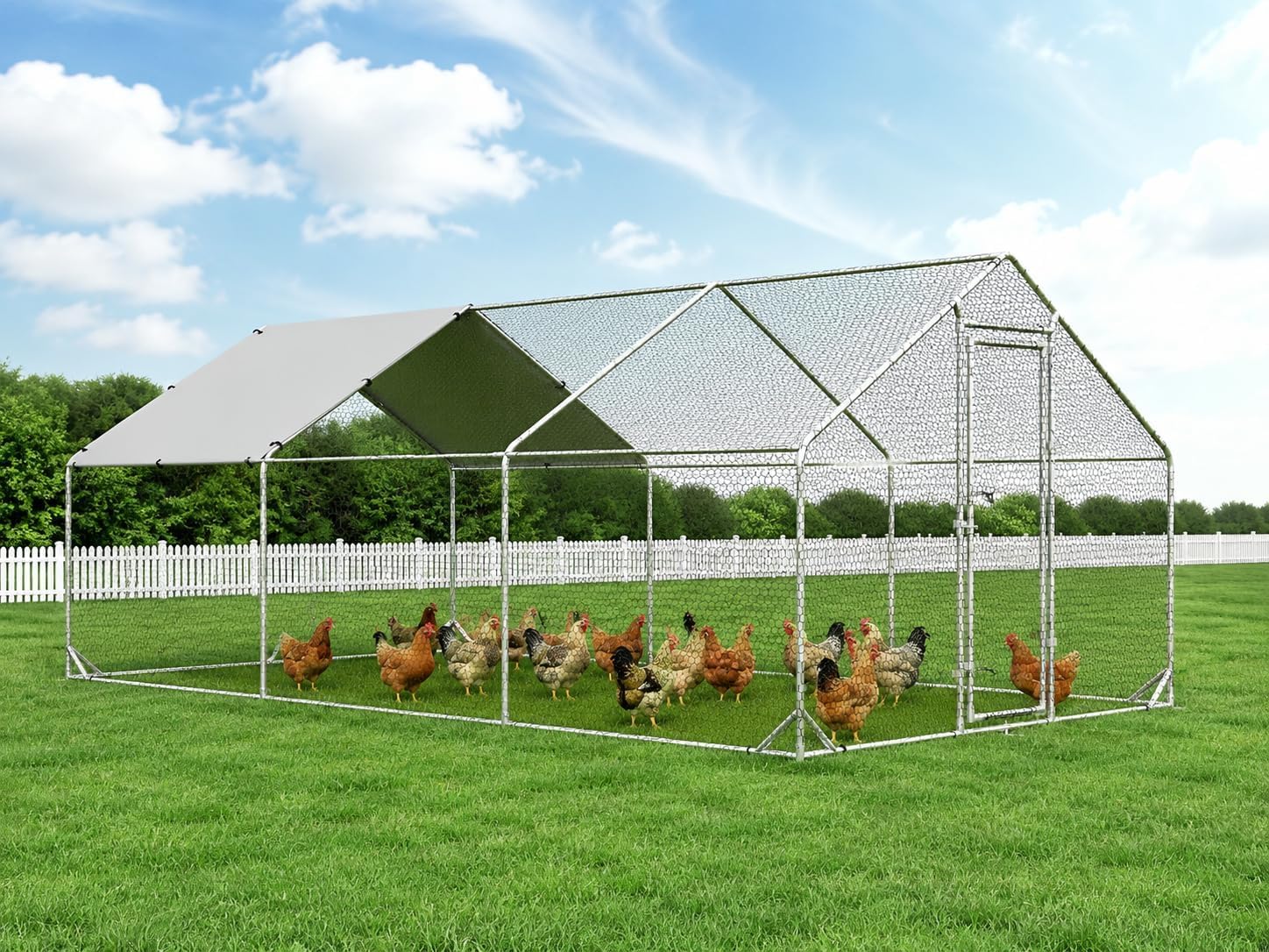 4ever2buy 10x20 FT Walk-In Metal Chicken Coop Run for 18-22 Chickens, Predator-Proof with Waterproof Cover