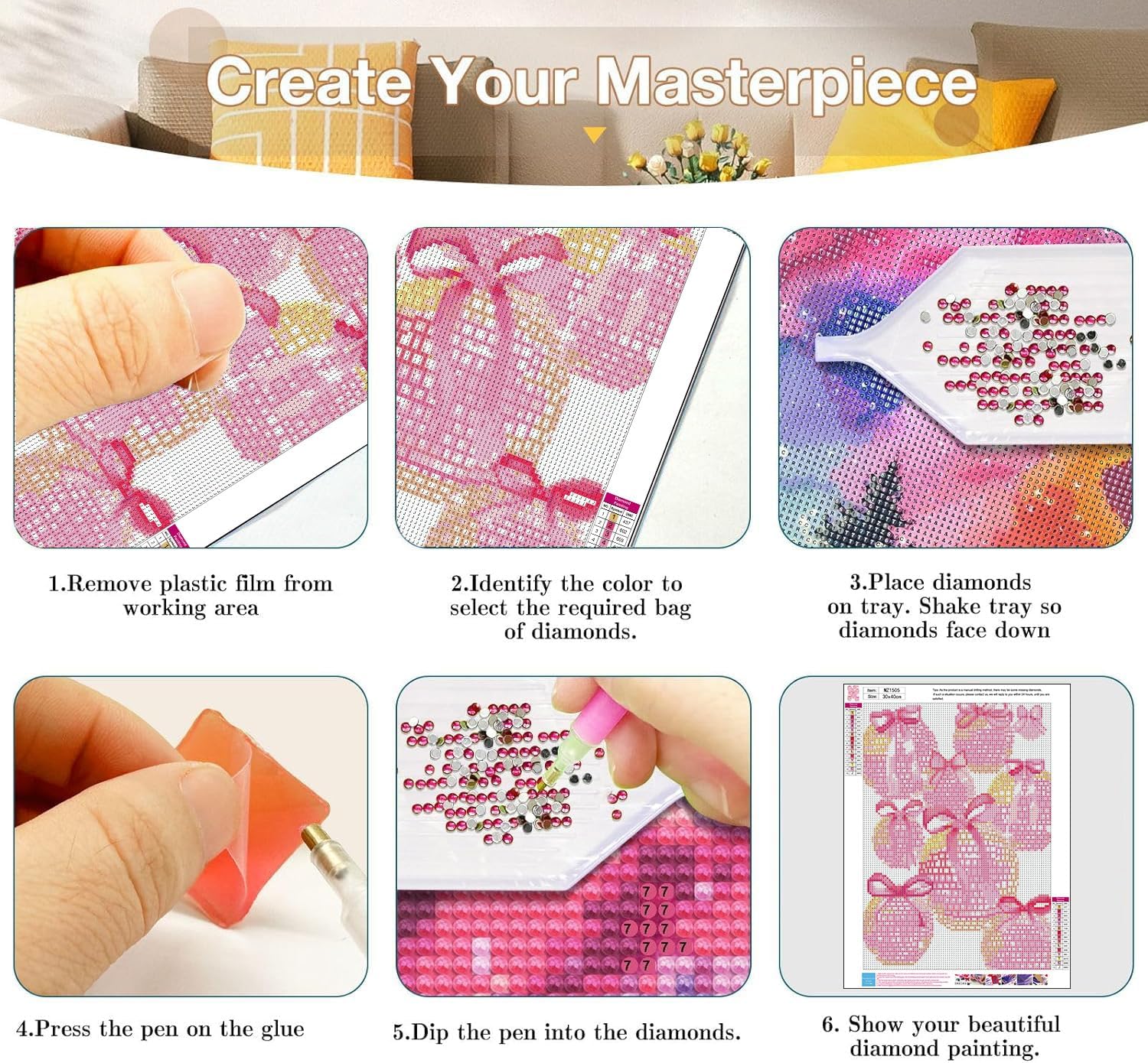 Axquilon Diamond Art Kits for Adults - 6 Pack Pink Bow Diamond Painting Kits for Adults, 5D Round Full Drill Gem Art, Paint by Diamonds Pictures DIY Crafts Kits 12x16 inch