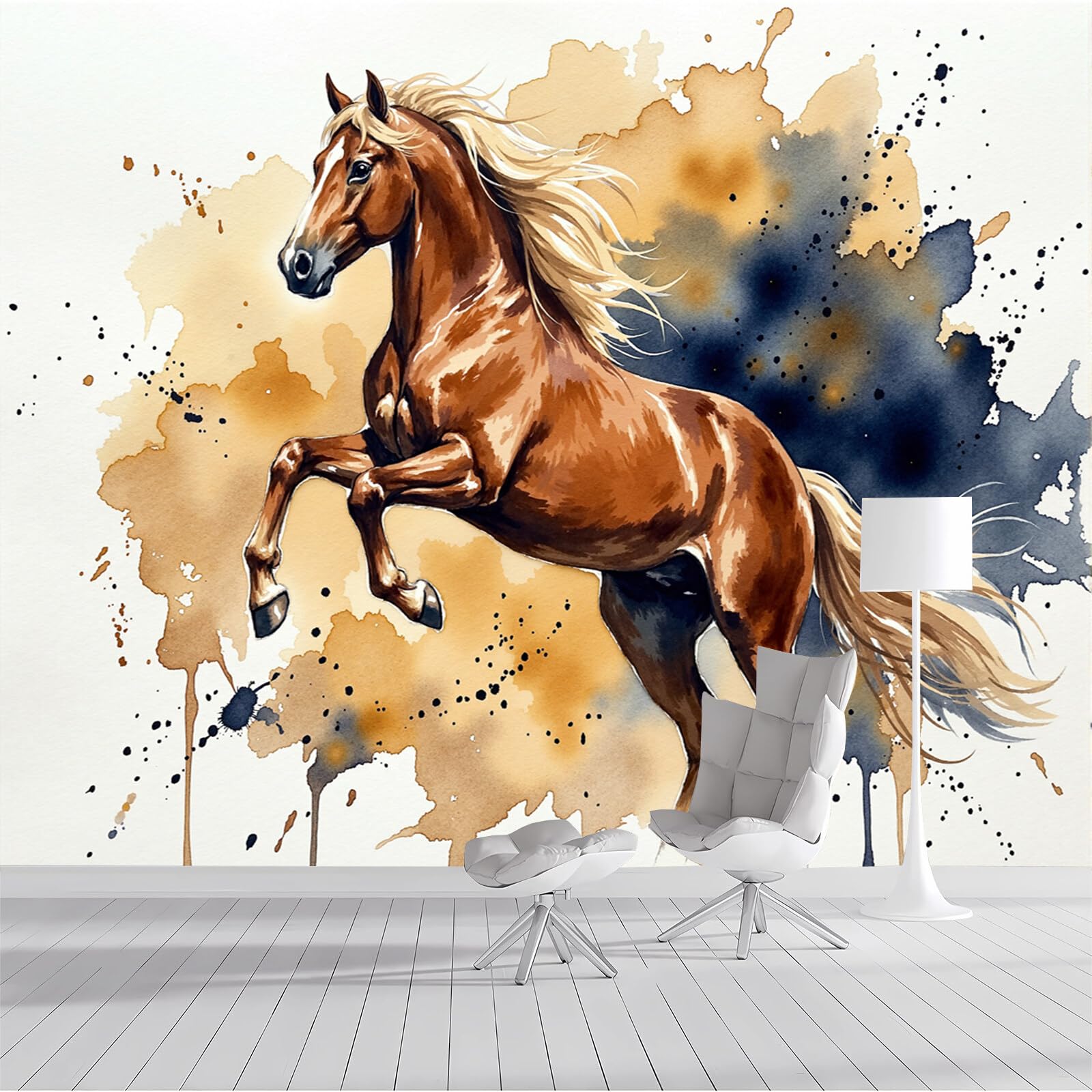 Papel pintado panorámico de caballo en acuarela para salón y dormitorio de 200x140 cm