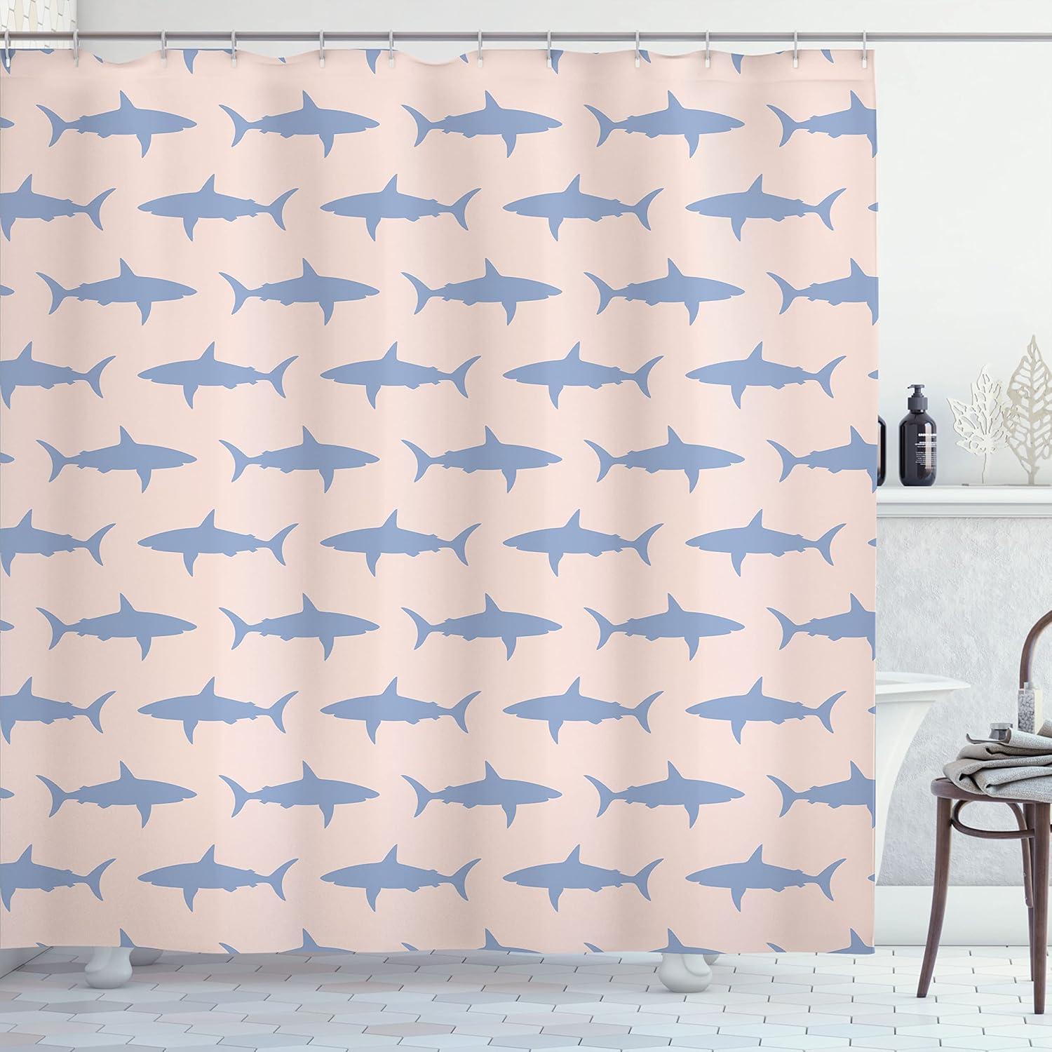 Ambesonne Sea Animals Shower Curtain, Sharks Swimming Horizontal Silhouettes Powerful Dangerous Wild Life, Cloth Fabric Bathroom Decor Set with Hooks, 69" W x 70" L, Blue Ceil