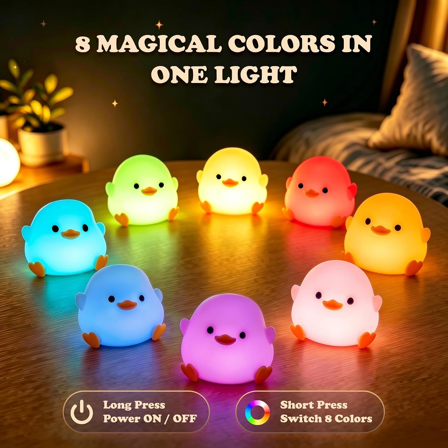UNEEDE Mini Duck Night Light with Lanyard, 8 Color Changing Rechargeable Night Light, Portable Mini Night Light for Kids, Soft Silicone Duck Squishy Cute Lamp for Bedroom & Camping, Gifts