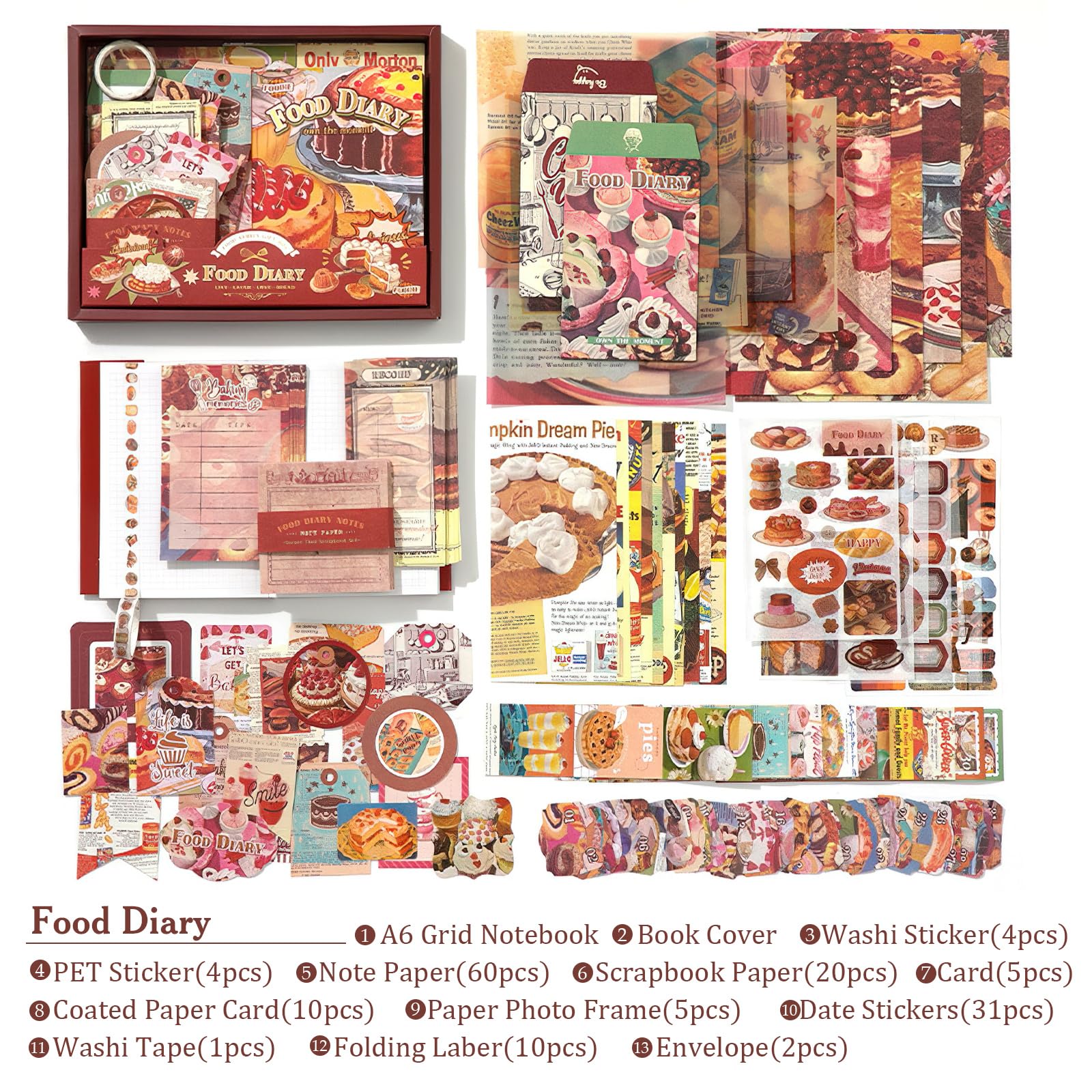 Kit de fournitures de scrapbooking, fournitures de journal de pacotille vintage, kit de scrapbooking avec autocollants esthétiques éphémères, mignon set de papeterie, kit de journal à billes