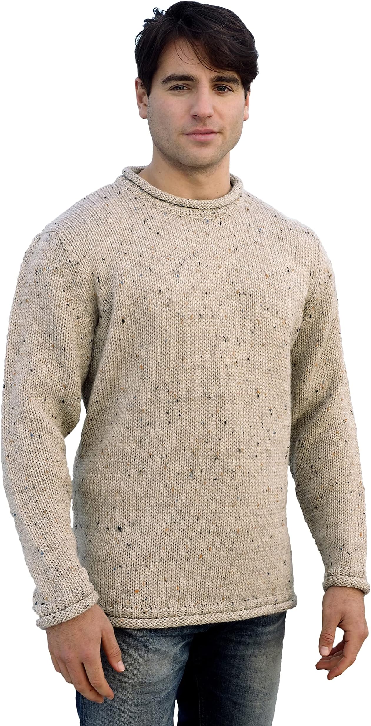 Aran CraftsMens Plain Curl Neck Sweater (100% Wool)