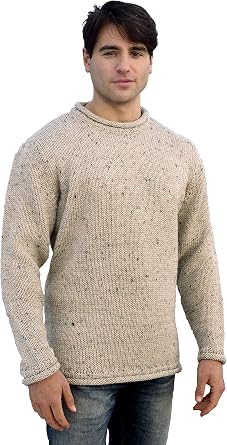 Aran Crafts Mens Plain Curl Neck Long Sleeve Sweater 100% Wool