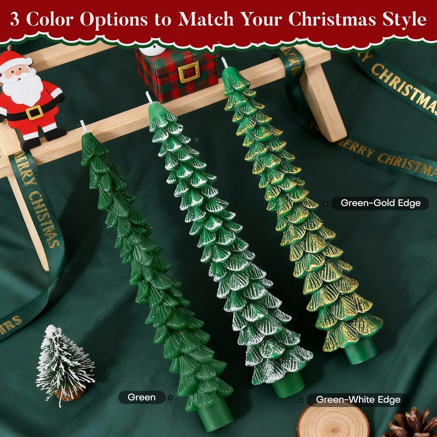 Christmas Tree Shaped Taper Candles, 9.84 Inch Unscented Tree Candle Decorative Christmas Candles for Dining Table Decor, Home Party, Festive Gift, New Year Celebration, 2PCS, Green with White Trim