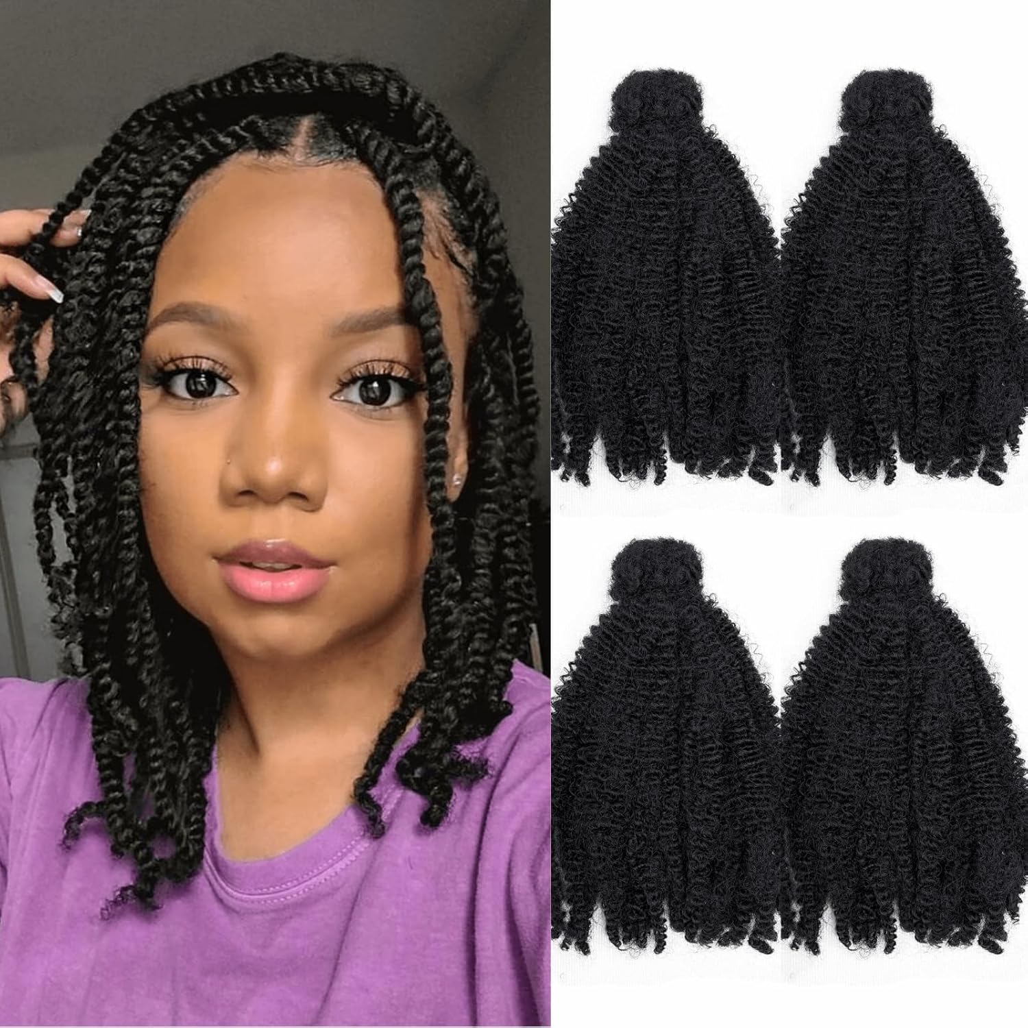 12inch Afro Kinky Bulk Hair for Micro Twist Braiding Hair, Synthetic Mini Spring Twist Curl 4Packs 200 Gram, Natural Black 4C Afro Curly Hair Dreadlocks Extensions Repair Locs for Women(4Pcs-12", #1B)