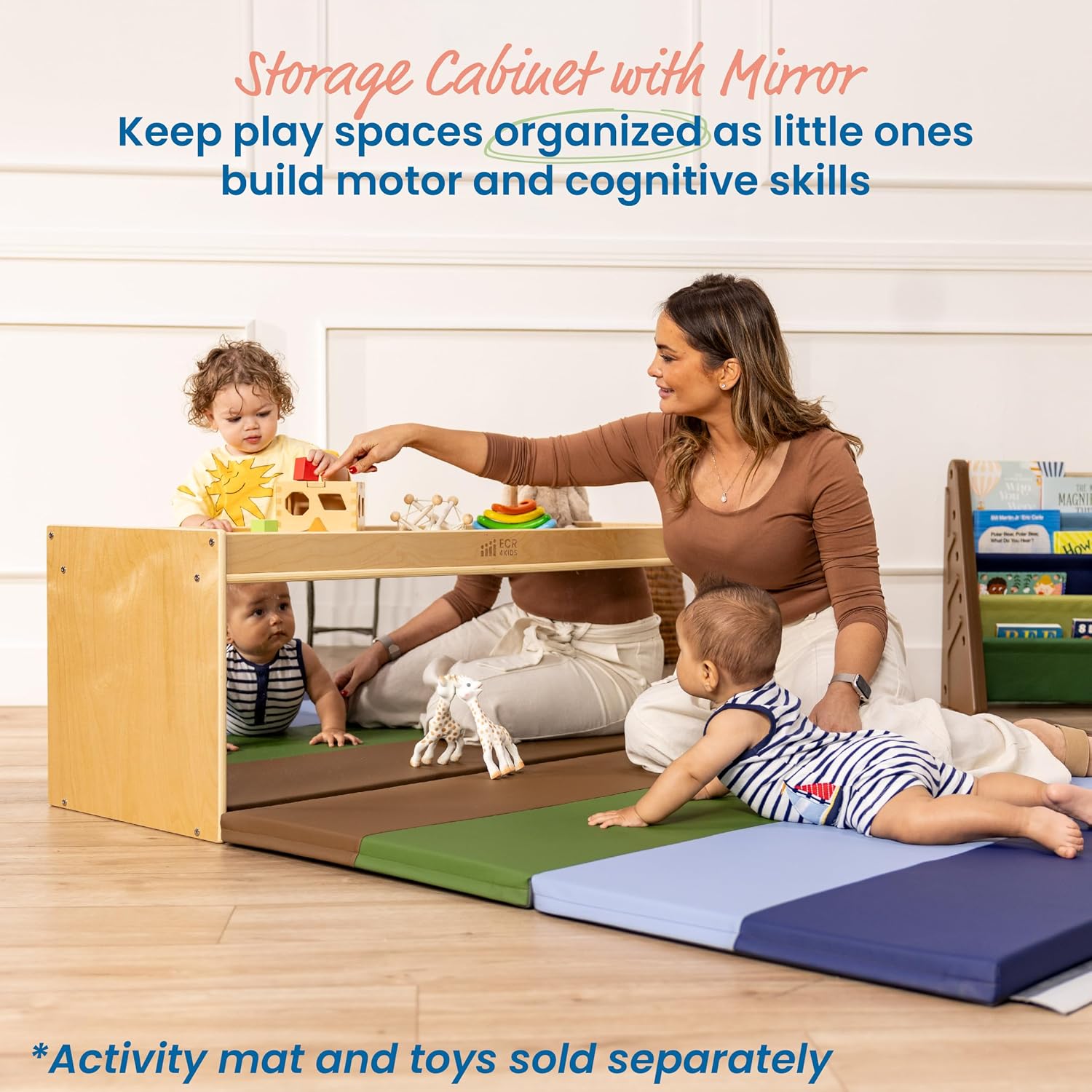 ECR4Kids Double-Sided Storage Cabinet with Activity Top and Mirror, Classroom Furniture, Natural