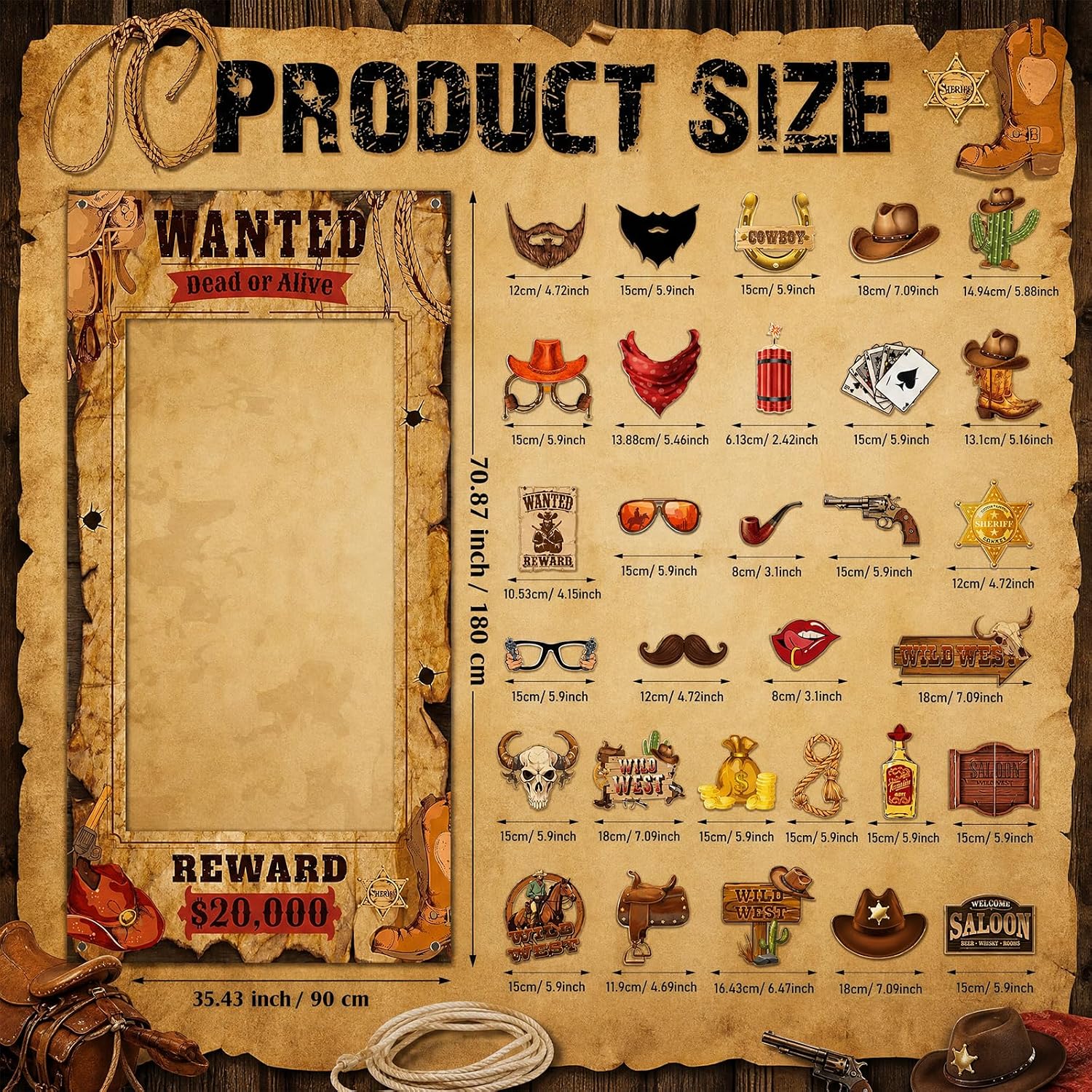 Western Wanted Poster Photo Prop, 70x35 Inch with 30 Cowboy Props