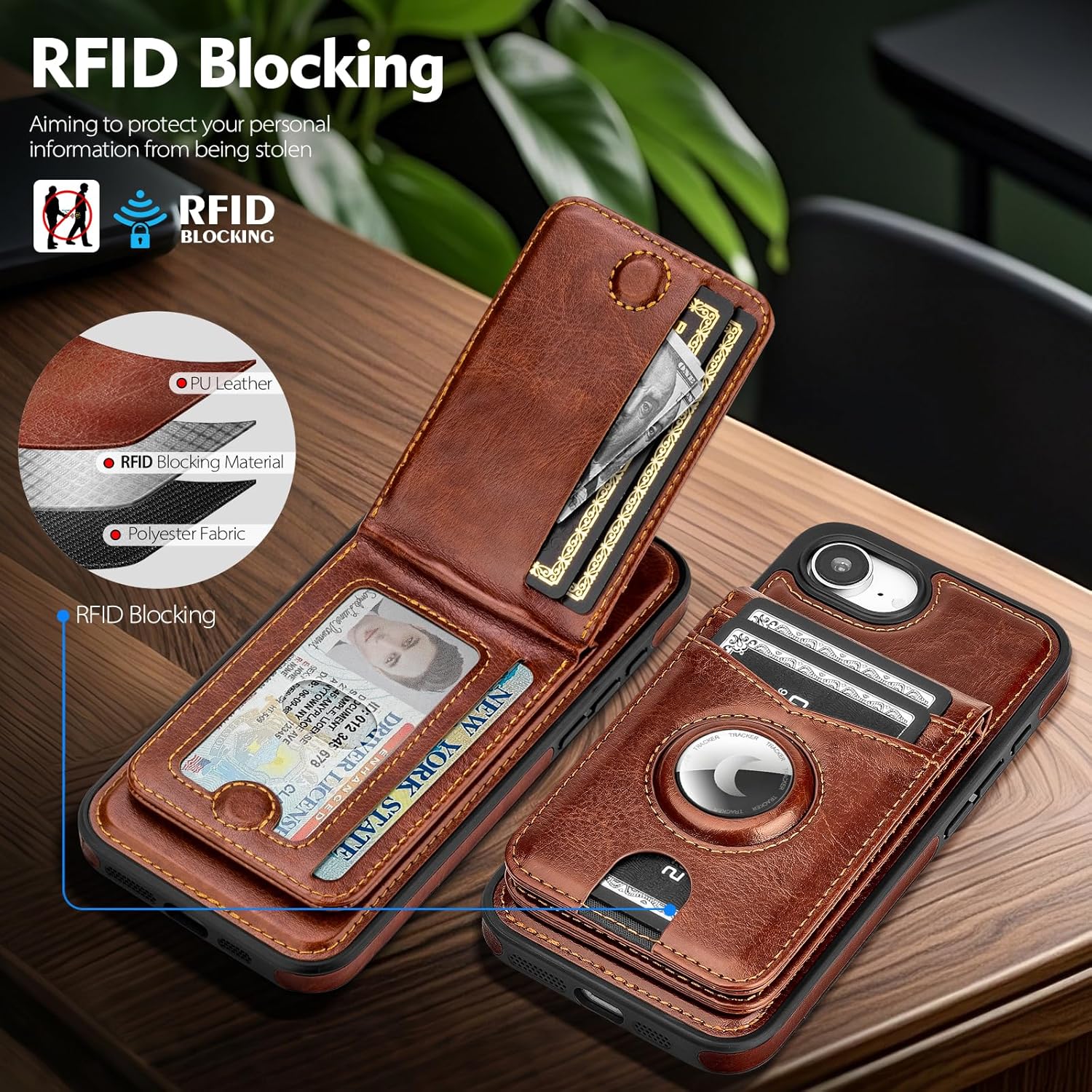 SkyEagle Compatible with MagSafe iPhone 17e / 16e Case Wallet with AirTag Holder,2 in 1 PU Leather Magnetic Detachable RFID Blocking Credit Card Holder Flip Cover Kickstand for Men Women,Brown