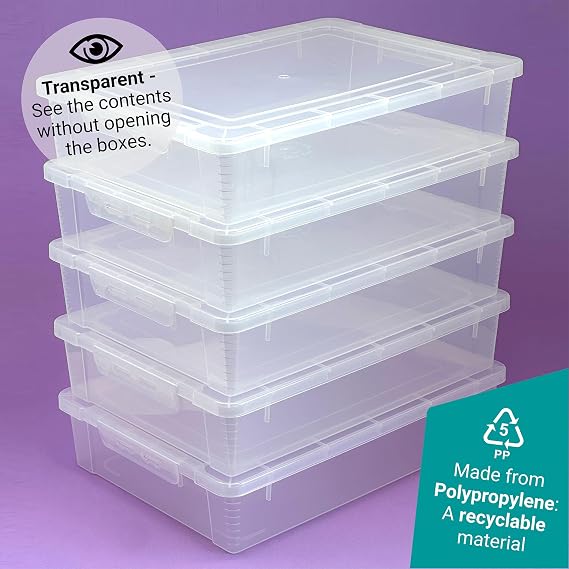 WestonBoxes A4 Oversize Clip Lid Storage Box, Clear Plastic - Stackable