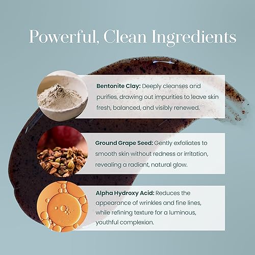 Miniatura 5 de Hylunia Exfoliante facial de semillas de uva - 5.1 onzas líquidas - Antienvejecimiento - Limón, arcilla de bentonita - Exfoliante vegano natural -