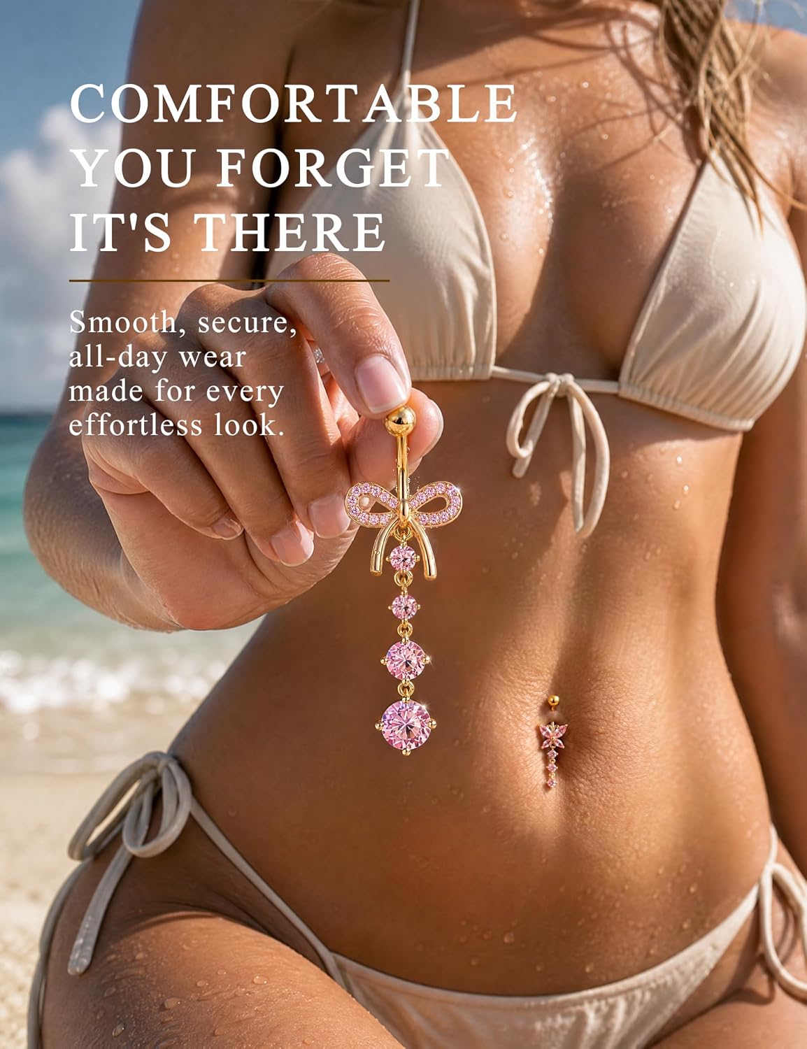 Subiceto Belly Button Ring for Women 14G Surgical Steel Dangling Belly Button Rings Non Tarnish Navel Piercing Jewelry Set with Pink Cubic Zirconia Heart Butterfly Flower Body Jewelry