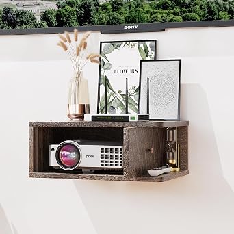 DAWASAPAT Floating Projector Stand Wall Mount - Modern Media Console Shelf Cabinet with Magnetic Door, 16.7" x 10.9" x 7.8", Open & Hidden Storage for Projector, Router, DVD Player, Cable Box