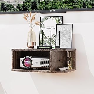 Floating Projector Stand Wall Mount - Modern Media Console Shelf Cabinet with Magnetic Door, 16.7" x 10.9" x 7.8", Open & Hidden Storage for Projector, Router, DVD Player, Cable Box