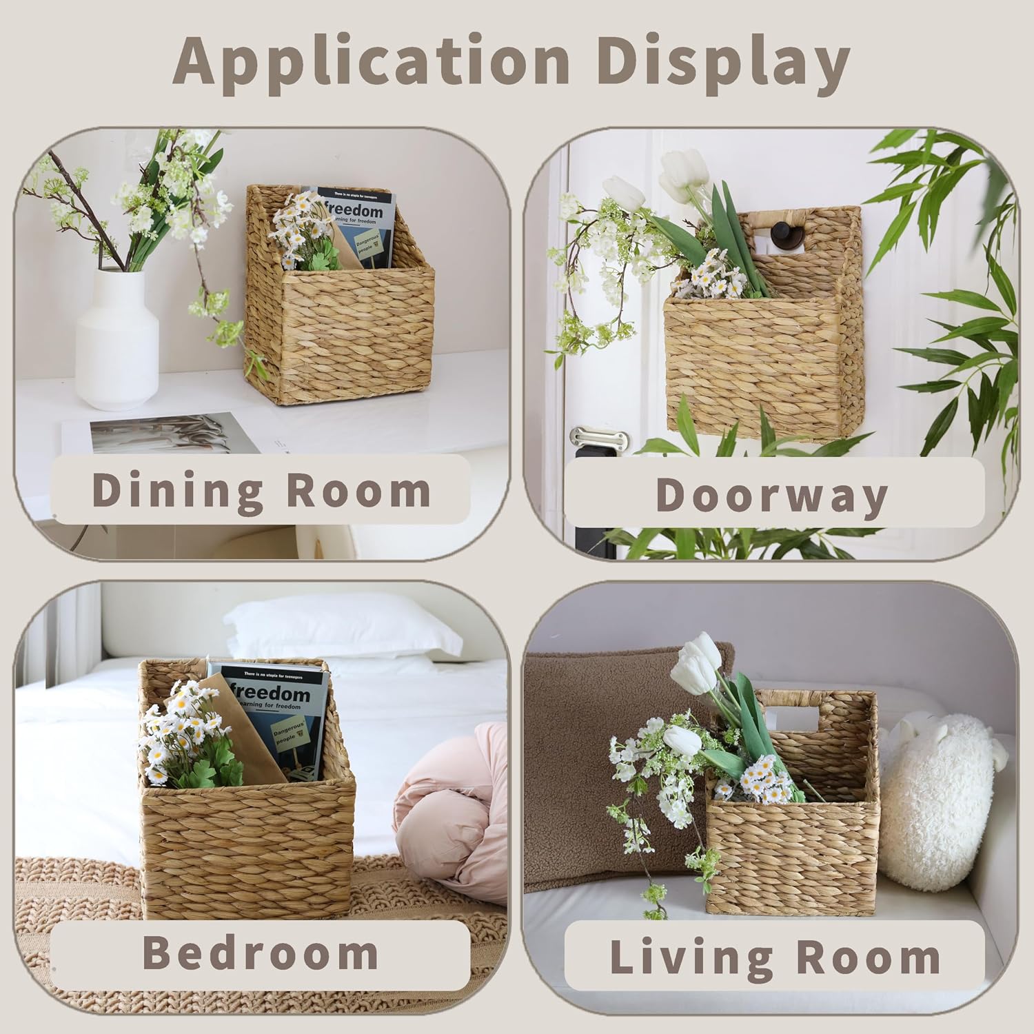 GYASVWU Foldable Water Hyacinth Hanging Baskets, Collapsible Wicker Wall Baskets with Handle, Woven Hanging Basket, Front Door Basket for Flower/Fruit/Mail/Magazine/Files Storage (Water Hyacinth)
