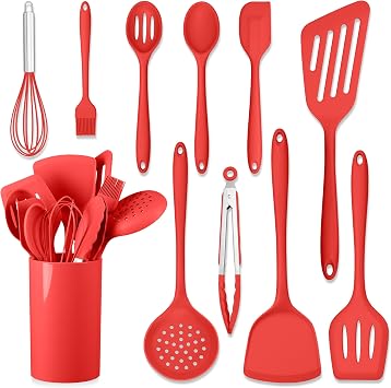 HaWare 11 PCS Silicone Cooking Utensils Set, Heat Resistant Kitchen Utensils with Holder, Food-grade Spatula Sets for Nonstick Cookware, Kitchen Tools Gadgets Include Fish Turner, Spoon Red