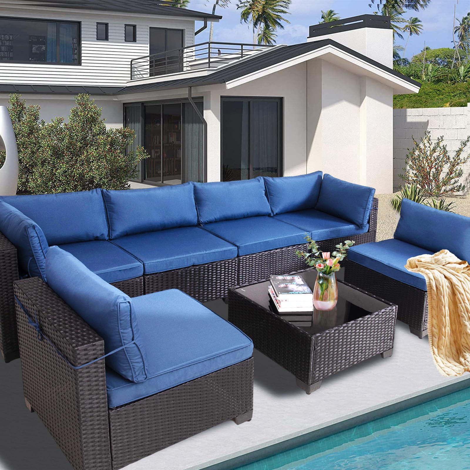 *incomplete* 7-piece outdoor patio furniture set,outdoor sectional furniture set with tempered glass table,wicker patio conversation for garden, backyard,poolside(black-darkblue)