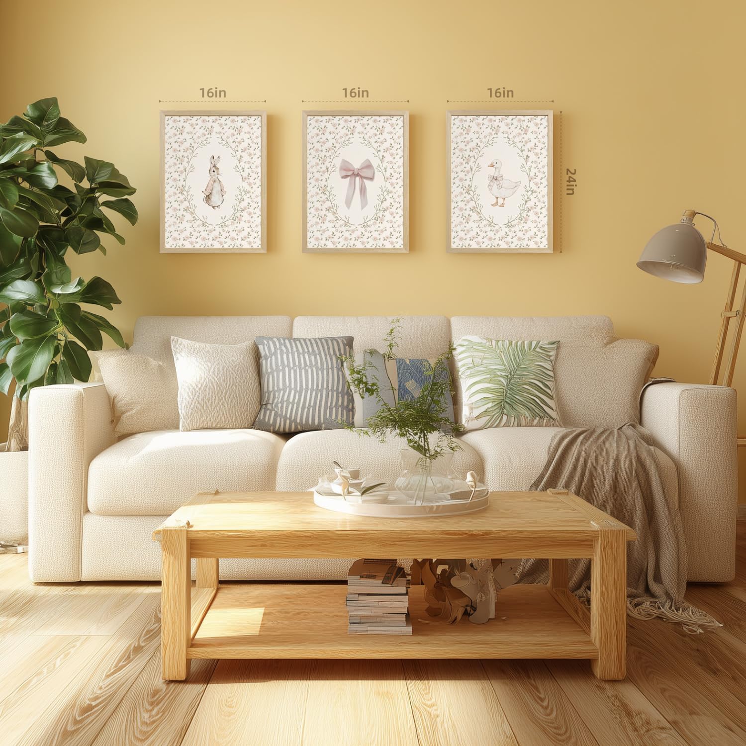 PORENY Baby Girl Nursery Wall Art Set of 3, Pink Bow Rabbit Goose Canvas Prints, Cute Floral Nursery Decor, Vintage Neutral Animal Artwork for Girls Room Kids Bedroom Wood Framed 12x16 Inch
