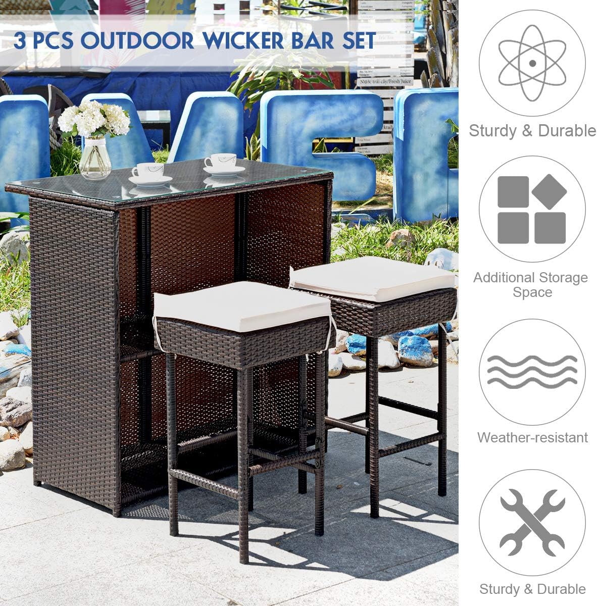 DORTALA 3 Pieces Rattan Patio Bar Table & Stool Set, Patio Furniture Set for Lawn Pool Backyard Front Porch, Dining Set w/Cushion, Beige