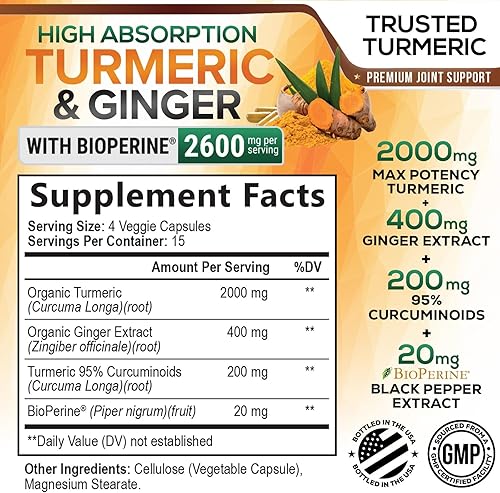 Vista 2 de Suplemento de curcumina de cúrcuma de 2600 mg - con jengibre orgánico y cúrcuma, extracto de pimienta negra BioPerine 95% curcuminoides - Apoyo