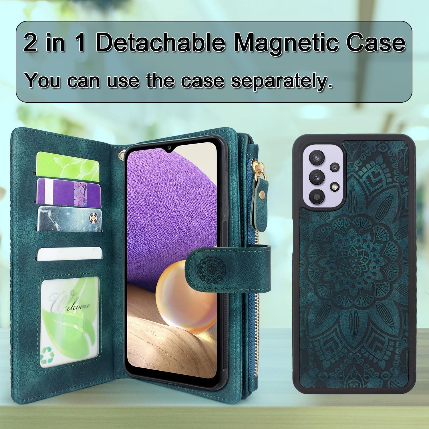 Harryshell Detachable Magnetic Zipper Wallet Leather Case with Cash Coin Pocket 12 Card Slots Holder Wrist Strap Lanyard for Samsung Galaxy A32 5G (2021) (Flower Teal)