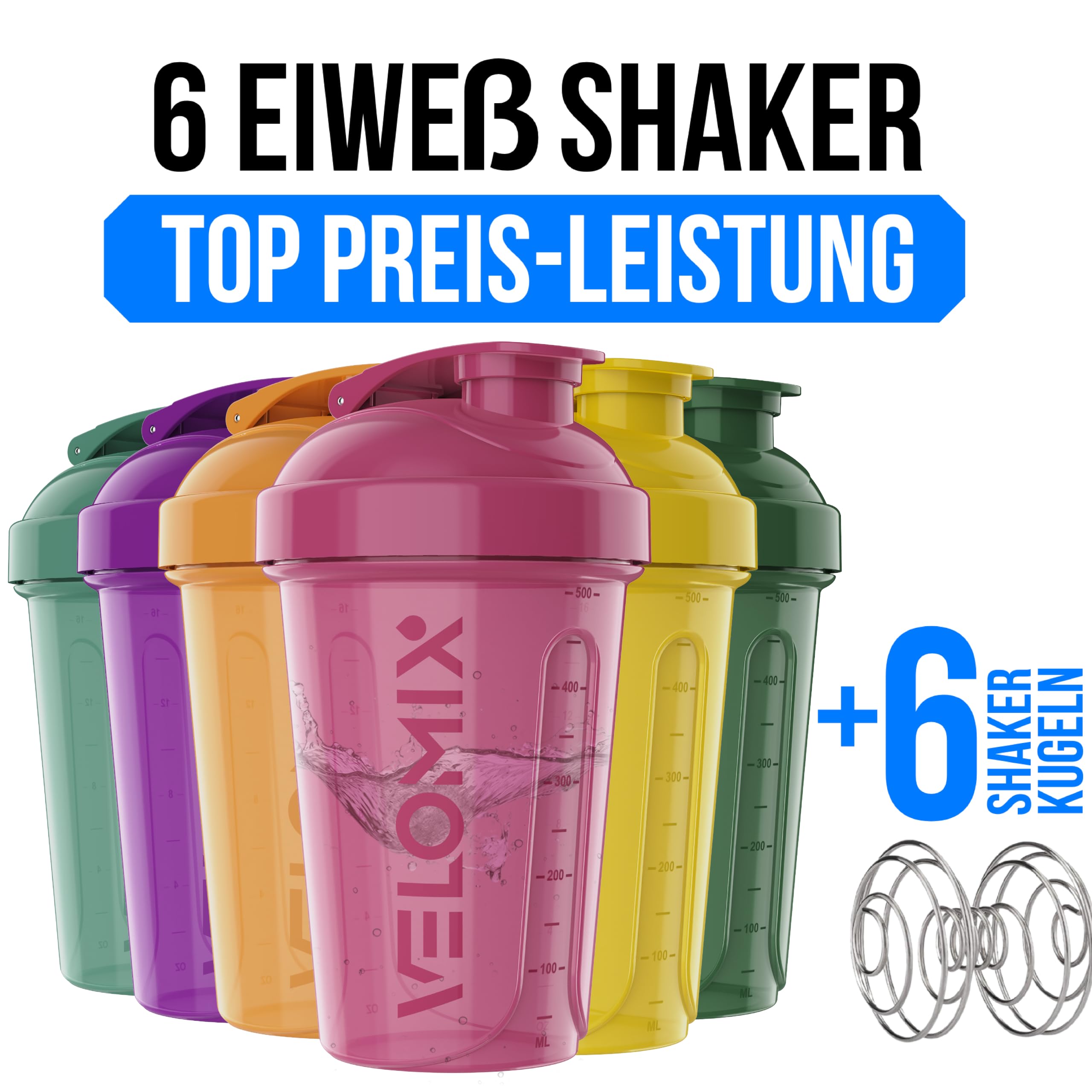 VELOMIX Protein-Shaker-Flasche für Proteinmischungen, auslaufsichere Shaker-Becher für Protein-Shakes, stapelbare Protein-Shaker-Flasche, spülmaschinenfest, Naturtöne, 6 Stück